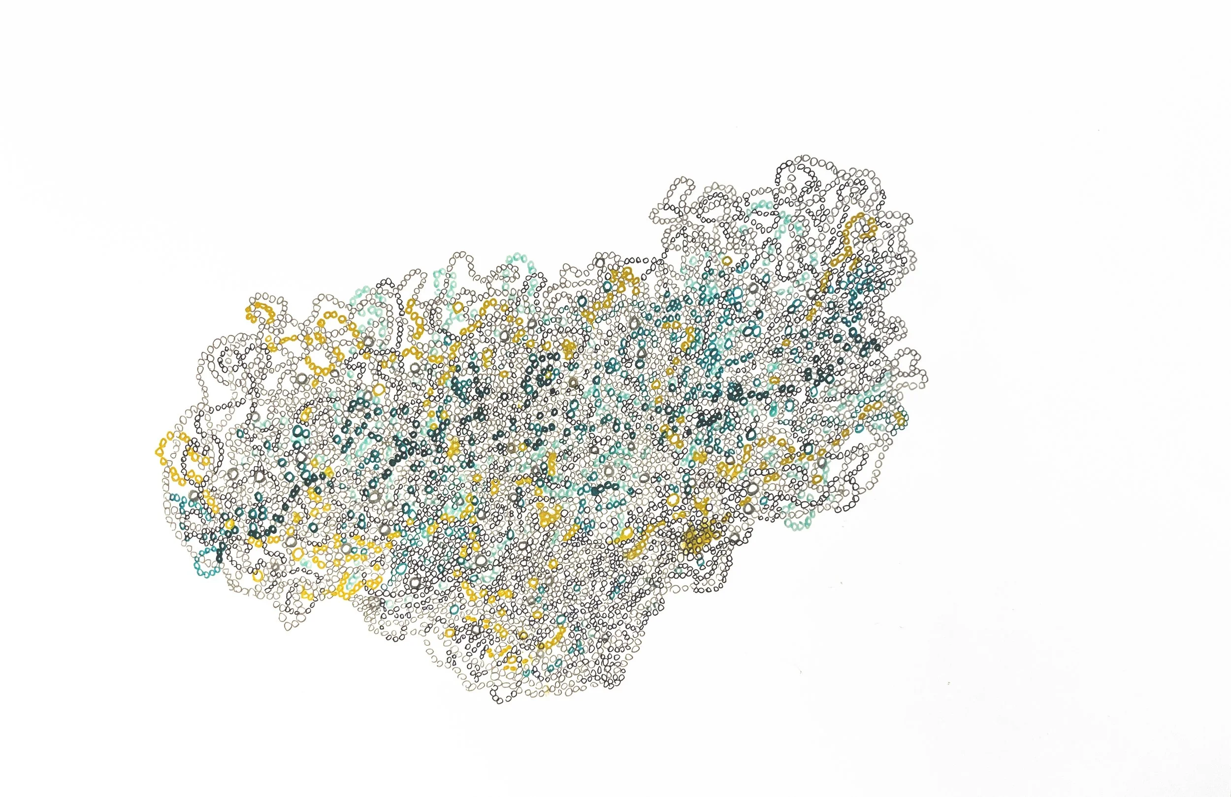 Anne Trauben, Weaving a through line 8 (green_gold), pencil, ink, 11 x 17, 2025.jpg