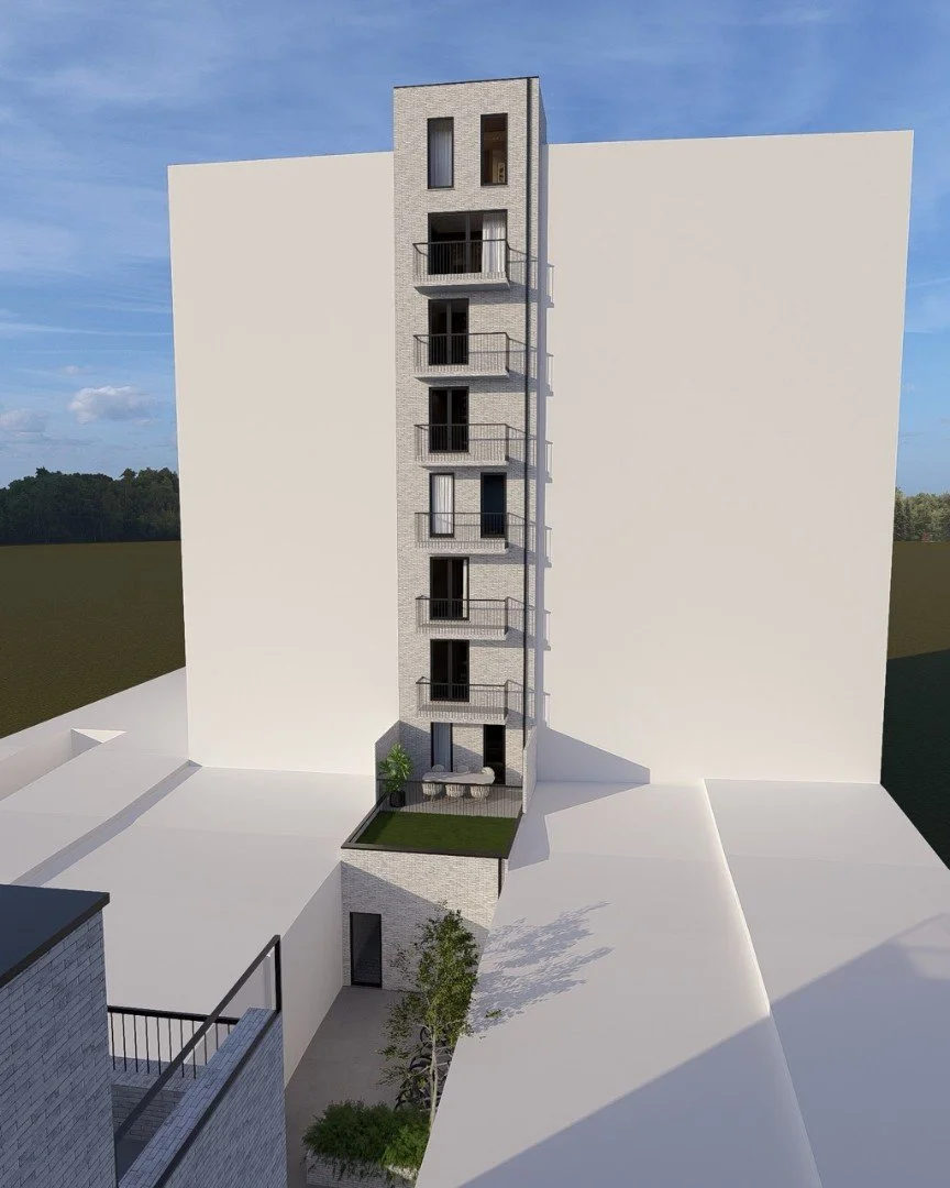 Achtergevel met bergingen onder het groendak