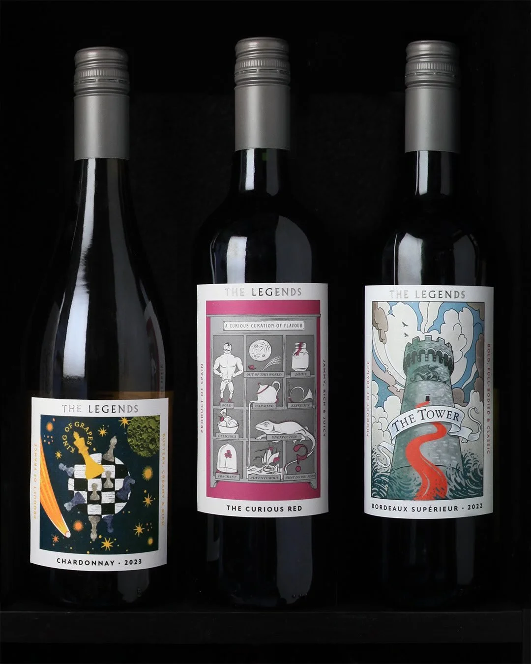 From regal Chardonnay, the King of Grapes, to the dragon-guarded tower of Bordeaux, each edition of The Legends is an eye-catching introduction to a unique wine. 

The diverse range of artistic styles &ndash; including collage, woodcut, pen and ink, 