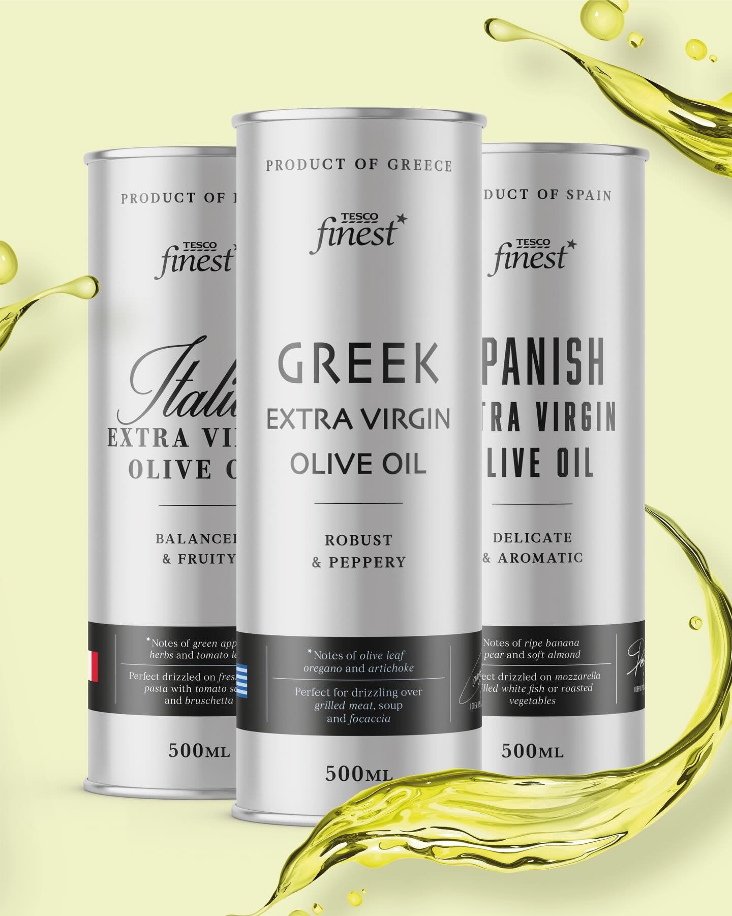 The Tesco Finest olive oils feature three different origins, each with its own unique flavour character. The consistent layout is clearly Finest branded, but each olive oil features bespoke typography that reflects their region and heritage.
&nbsp;
.