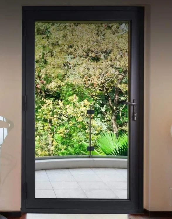 View through a glass door showing a balcony and a lush green forest with trees and plants outside.