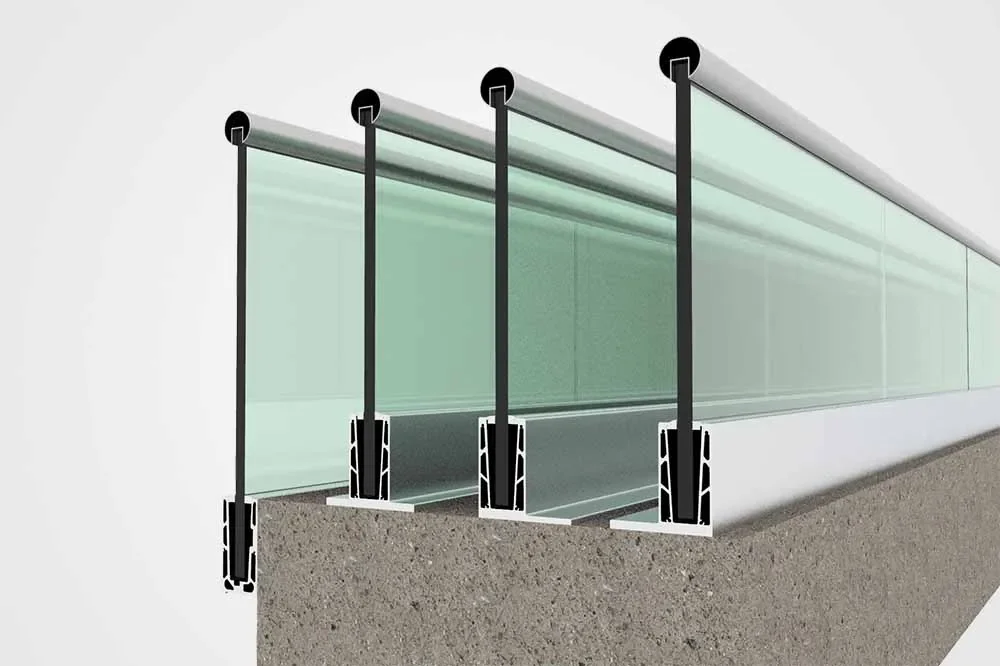 Cross-section diagram of glass balustrade system for balconys and staircase