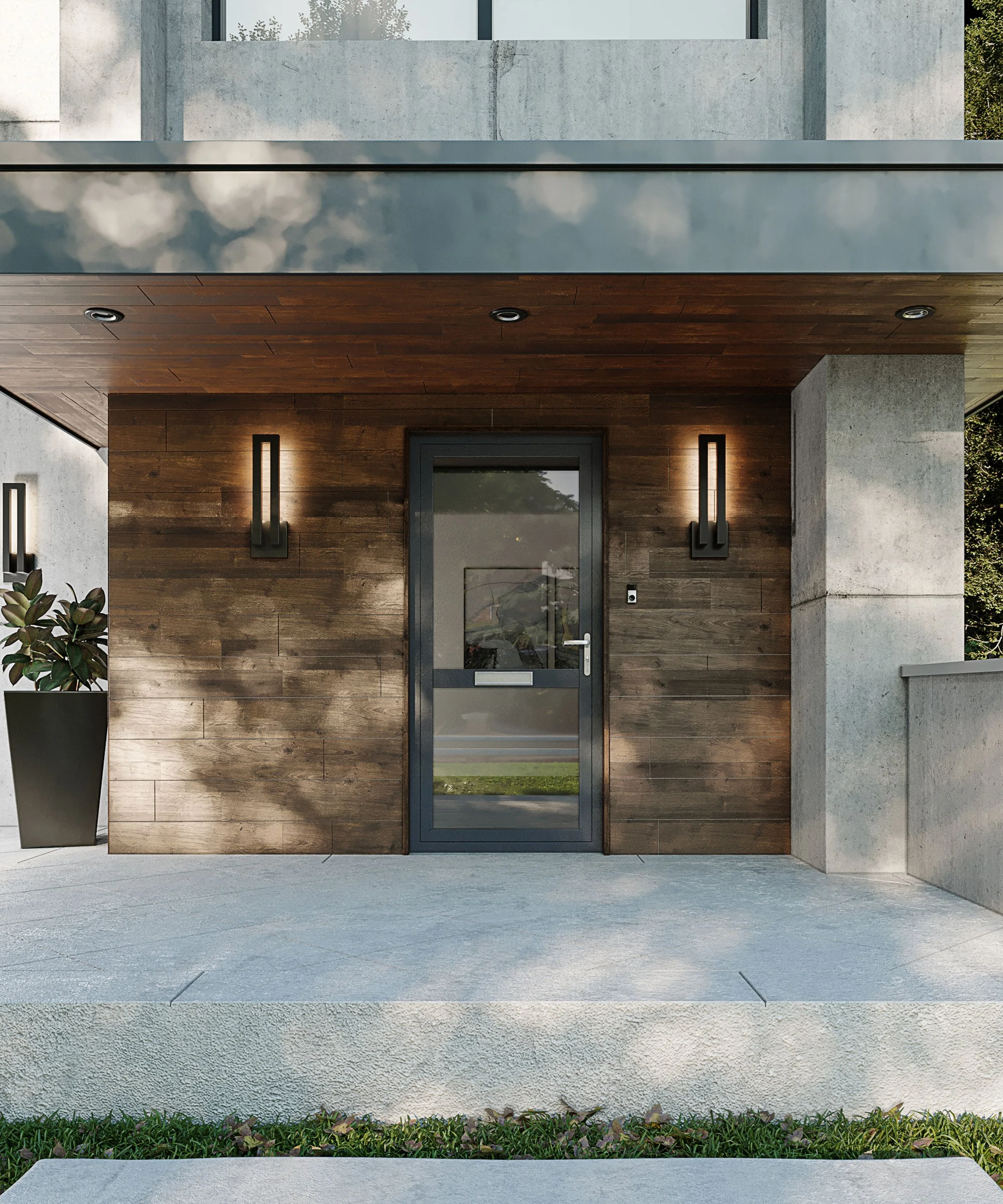 Modern building entrance with dark metal and glass door, wooden wall, concrete accents, and sleek black wall-mounted lights.