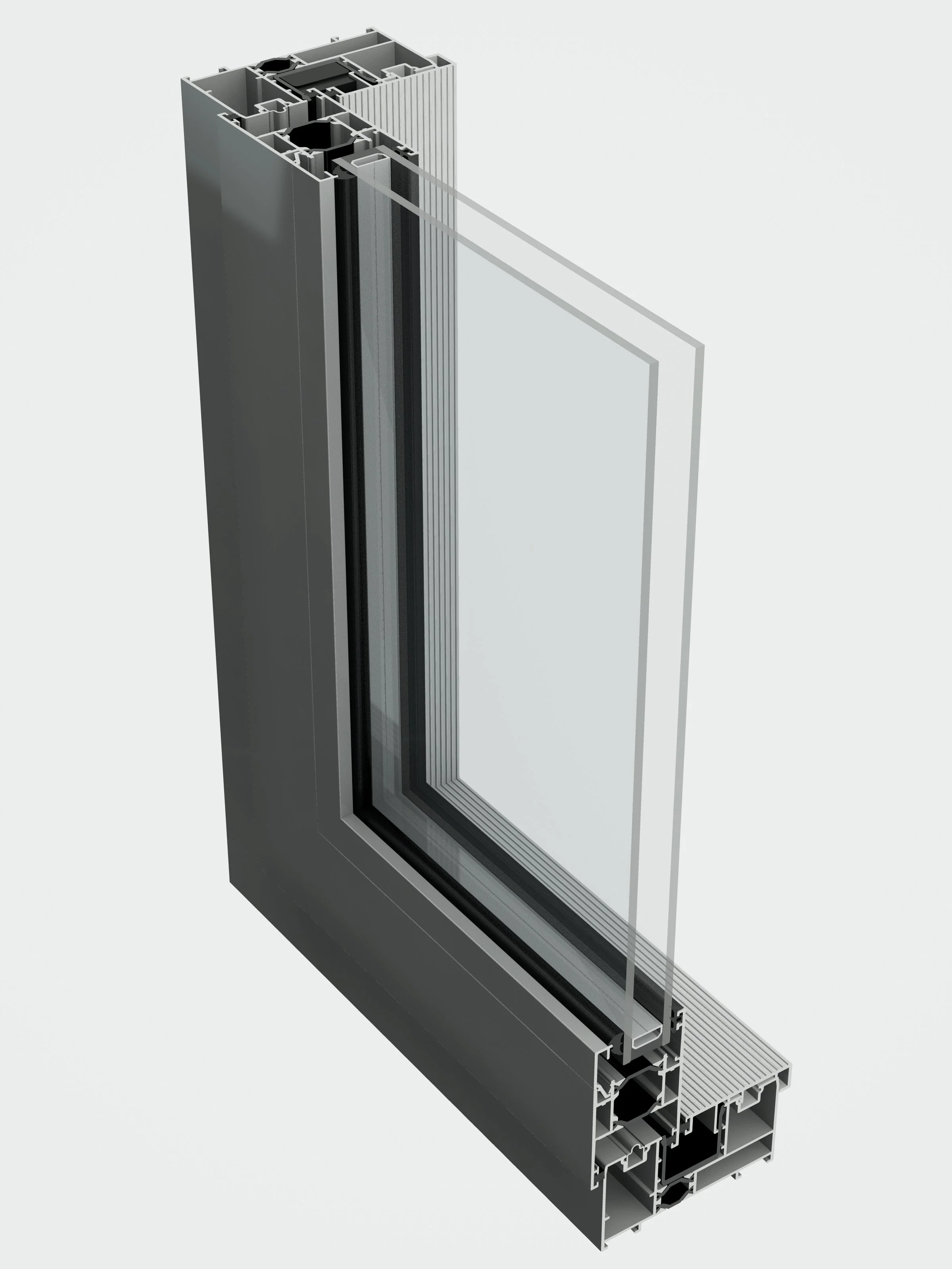 Cross-section of a modern aluminum window frame with a glass pane.