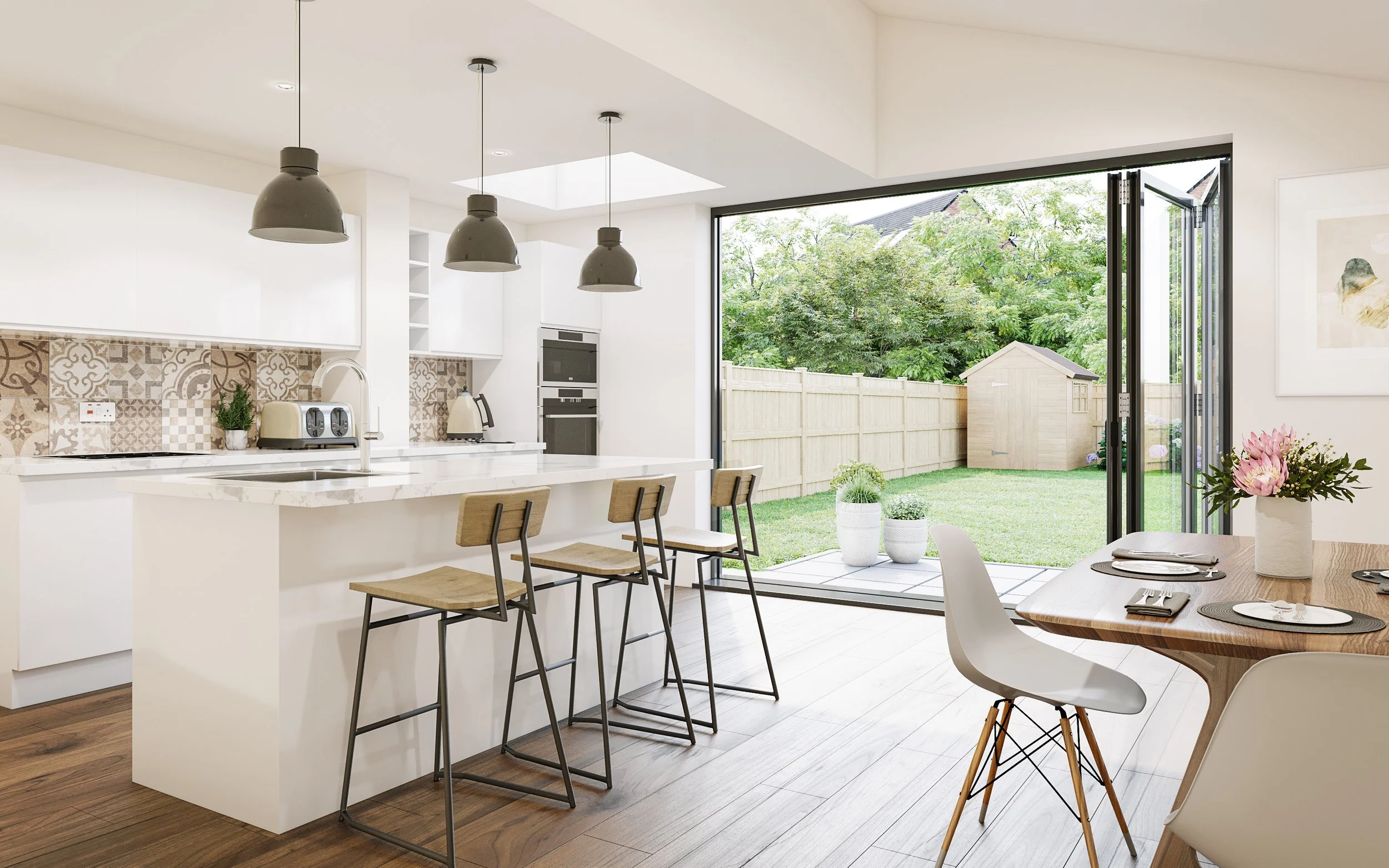 Bright modern kitchen and dining area with an open door leading to a green backyard with a small shed.