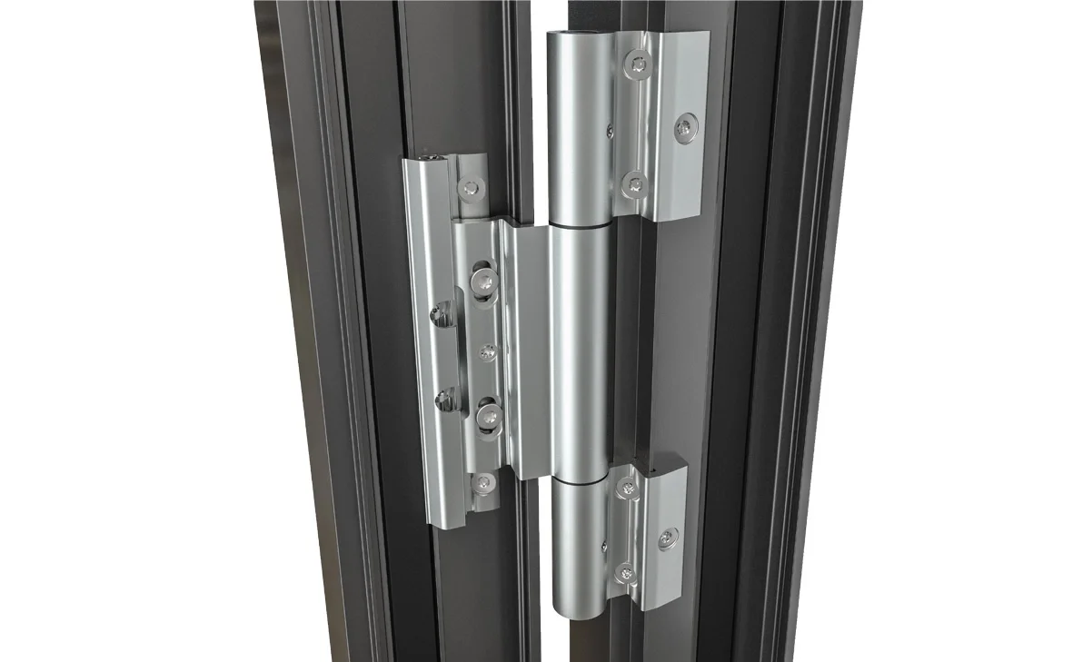 Close-up of a metal hinge on a black door frame.