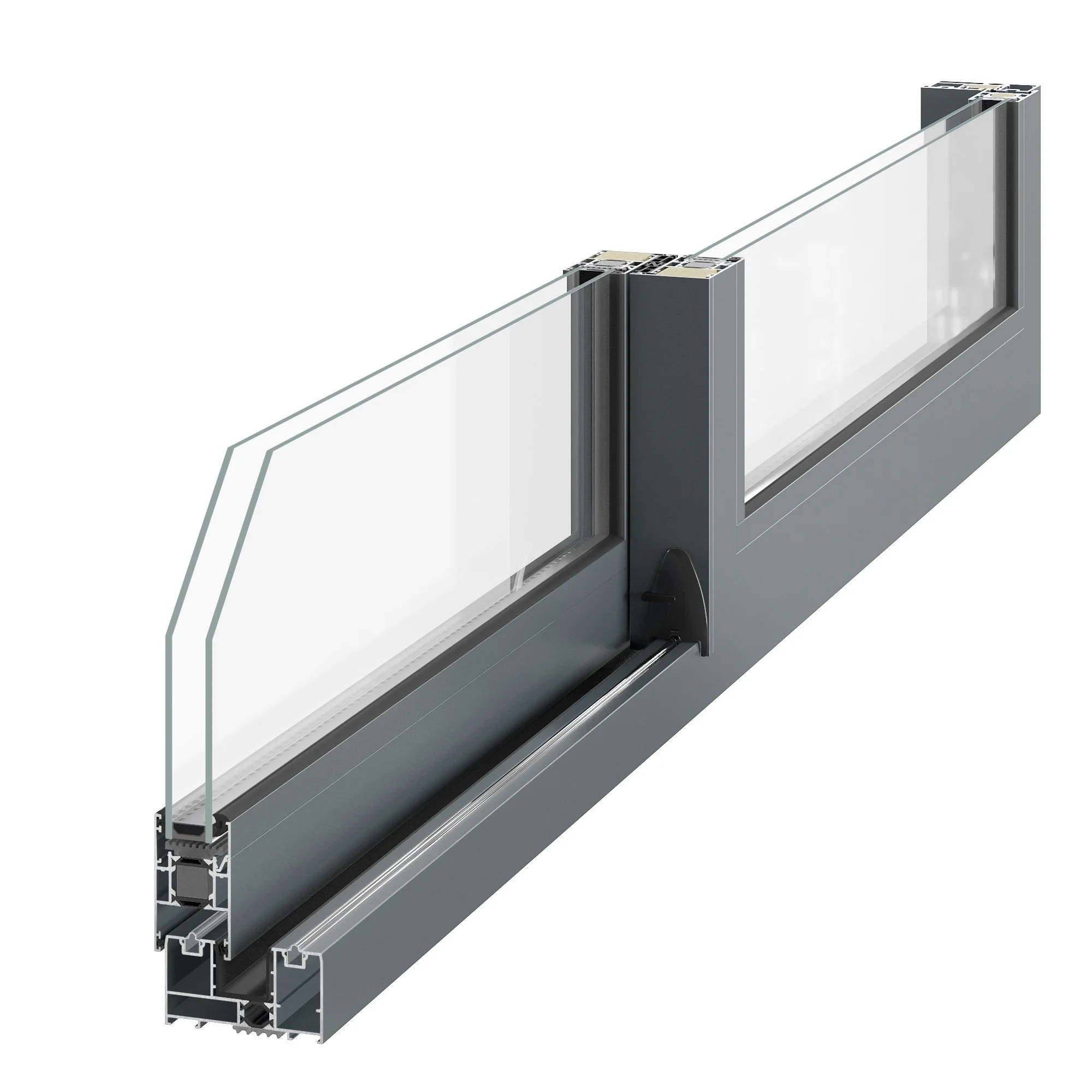 Cross-section of a modern window frame showing glass panes, aluminum or metal frame, and opening mechanism.