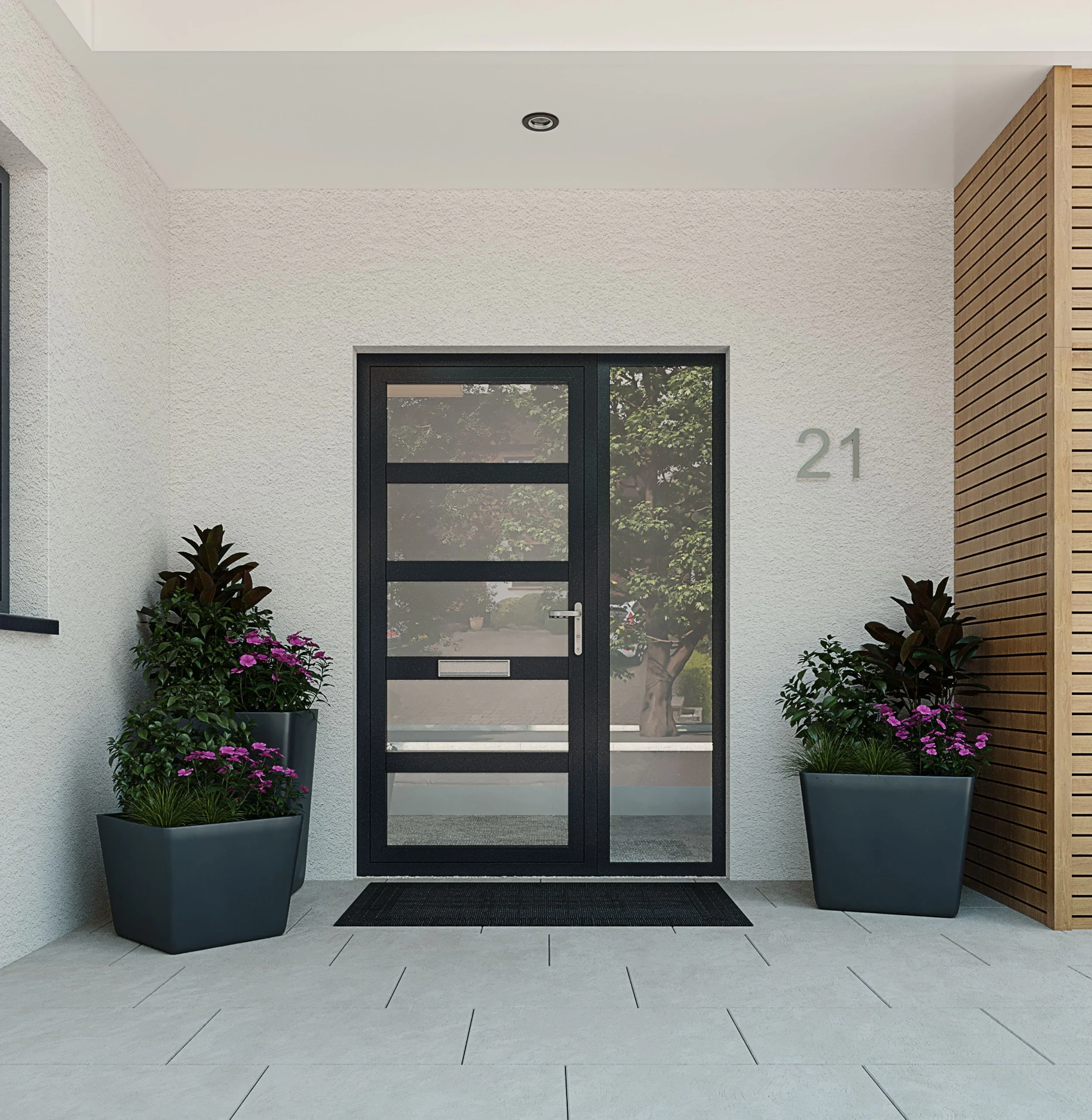 Modern front door with glass panels, flanked by two large planters with purple and green plants, house number 21 on the wall, and a wooden slat wall panel on the right.