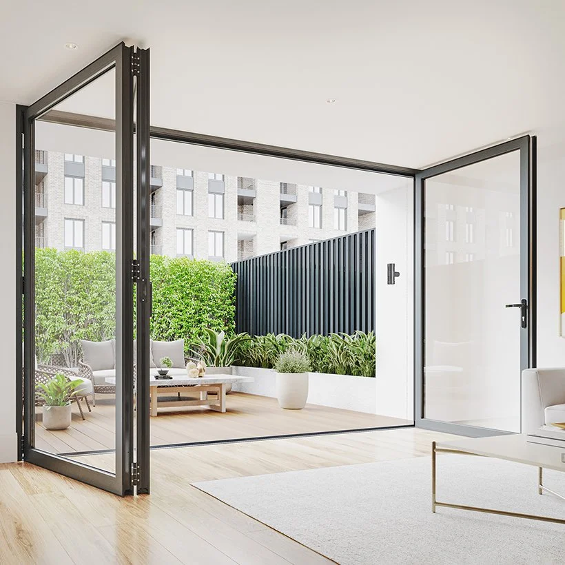 Open sliding glass doors reveal a modern balcony with outdoor furniture, potted plants, and greenery, with a city building in the background.