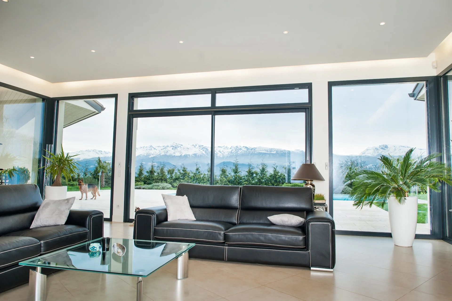 Modern living room with large glass sliding doors showing snow-capped mountains in the background, black leather sofas with white pillows, a glass coffee table, and potted plants.