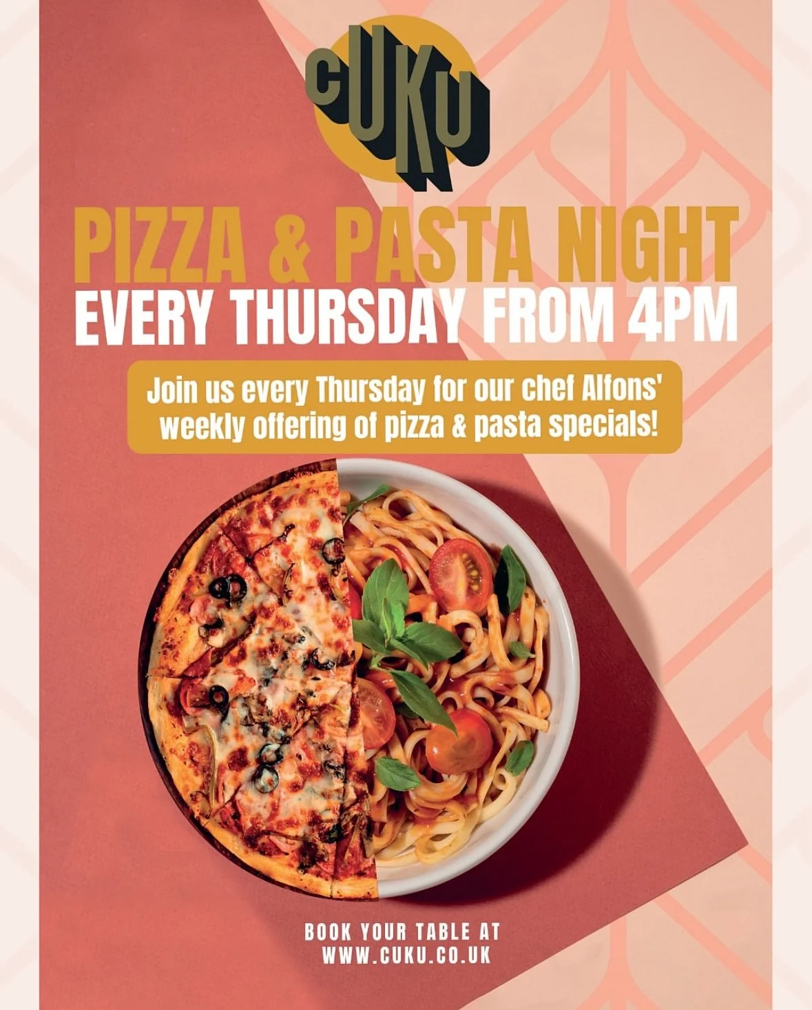 Thursdays are for Pizza & Pasta Night at Cuku 🍕🍝
Swipe 👉 to see what’s on the menu today! 
www.cuku.co.uk