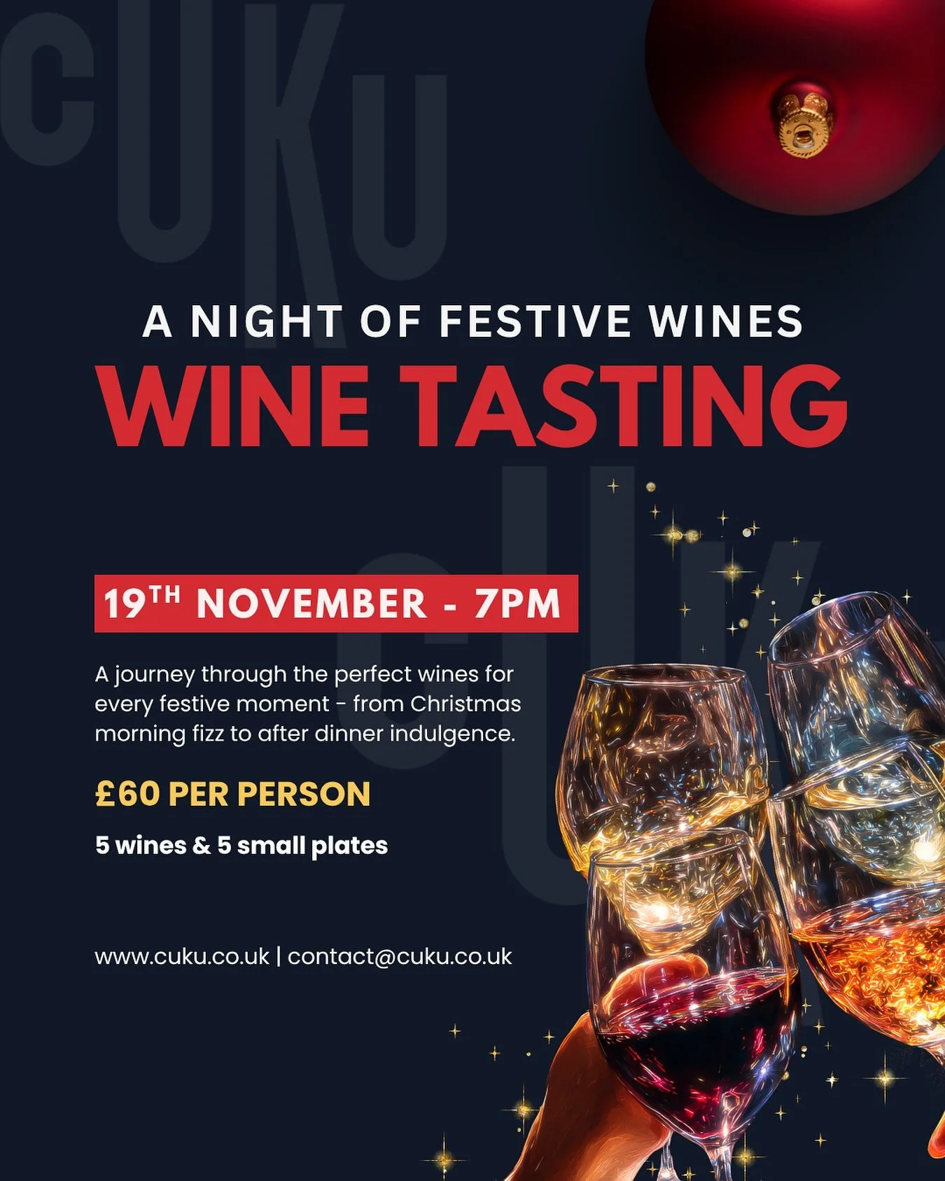 Sip, savour, and get into the festive spirit. 🍷✨

Join us for A Night of Festive Wines, a guided tasting of 5 wines perfectly paired with 5 small plates.

From Christmas morning fizz to after-dinner indulgence, it&rsquo;s the perfect way to kick off
