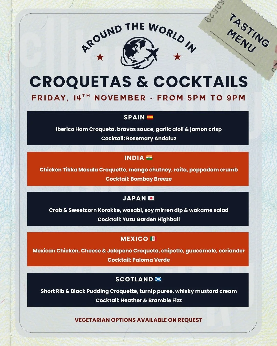 ✈️ Take your taste buds on a journey!

Join us for Around the World in Croquetas &amp; Cocktails, a globe-trotting tasting menu featuring flavours from Spain, India, Japan, Mexico and Scotland 🌎🍸

📅 Friday, 14th November &ndash; 5pm to 9pm
💷 &pou