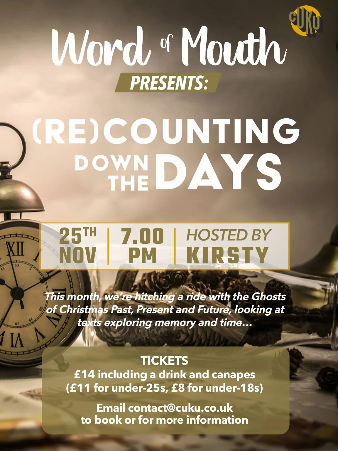 ✨ Word of Mouth: (Re)Counting Down the Days ✨
Tuesday, 25th November &middot; 7pm

This month, we&rsquo;re diving into stories that play with memory, time and all the feels the festive season brings, from nostalgia to new beginnings. 📚✨

Bring along