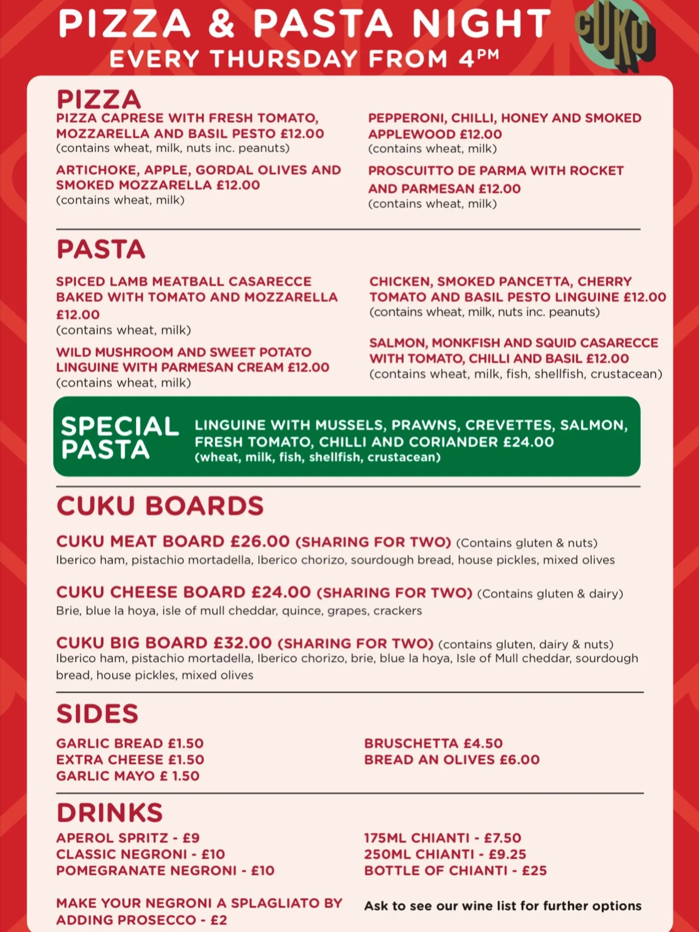 Thursdays are for Pizza &amp; Pasta Night at Cuku 🍕🍝

See what&rsquo;s on the menu today! 👀

www.cuku.co.uk