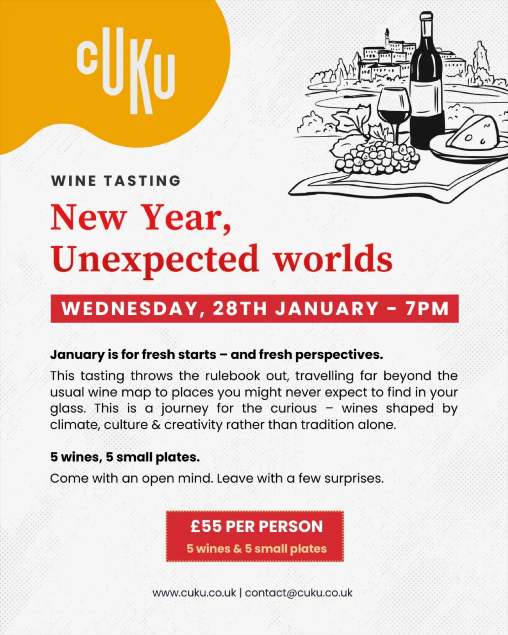 January is for fresh starts and fresh perspectives. 🍷

Join us for New Year, Unexpected Worlds, a relaxed wine tasting that travels beyond the usual wine map. 

We will be exploring five carefully selected wines paired with five small plates, chosen