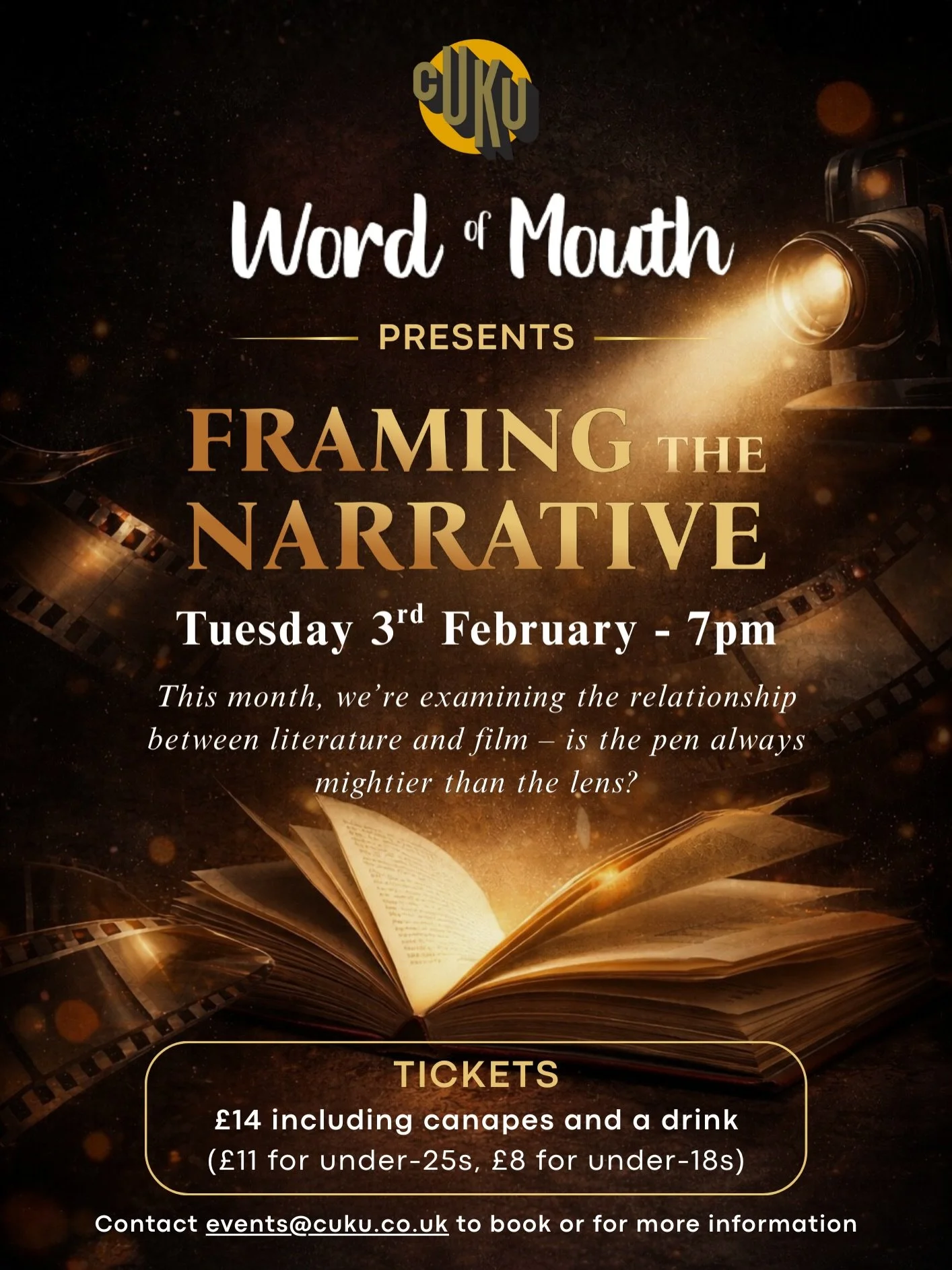 Is the pen always mightier than the lens?

For February&rsquo;s edition of Word of Mouth, we&rsquo;ll be exploring the relationship between literature and film, from page to screen and everything in between.

Come along with an open mind and enjoy an