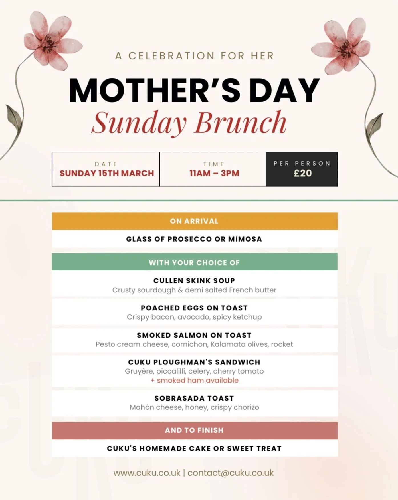 Mother&rsquo;s Day Sunday Brunch at Cuku 🌷

For &pound;20pp enjoy a Prosecco or Mimosa on arrival, with your choice of brunch plate and finish with a homemade cake or sweet treat 🧁

What better way to spend Mother&rsquo;s Day! Book via our website 