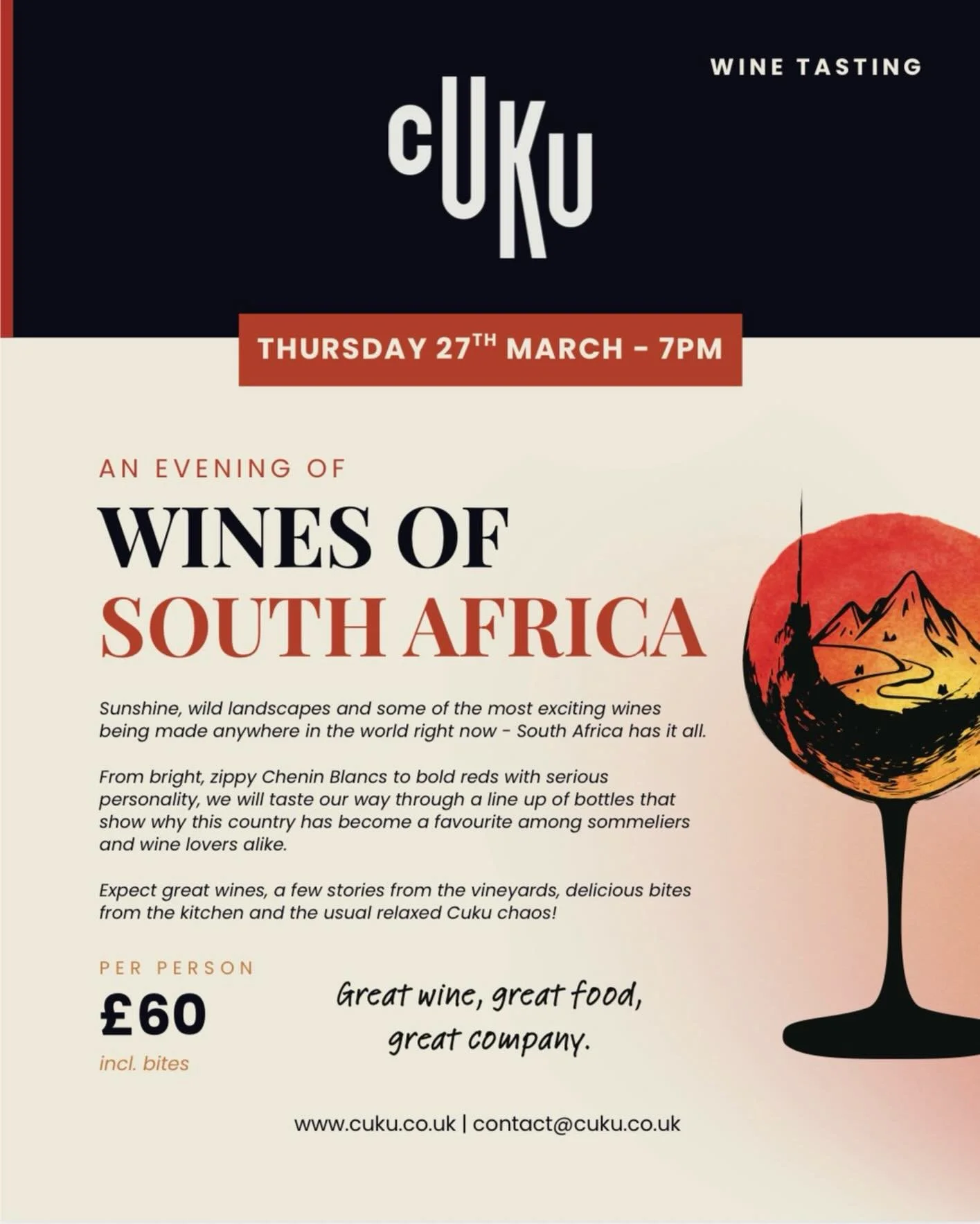 Wines of South Africa 🍷

Enjoy an evening of wine tasting, stories and delicious bites 👏

📆: Thursdays 27th of March 
🕣: 7pm 

Space&rsquo;s usually book up quickly, book via our website or email!

#winetastingglasgow #glasgowevents #glasgowweste