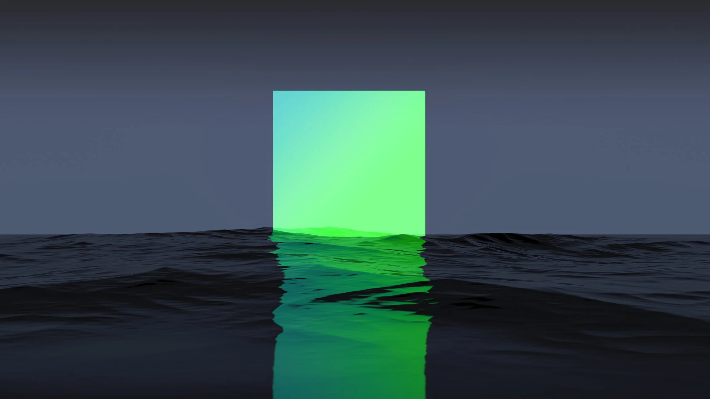 Ein leuchtend grünes Quadrat, das auf einem Wasser mit dunklen Wellen schwimmt, spiegelt sich im Wasser, vor einem grauen Himmel.