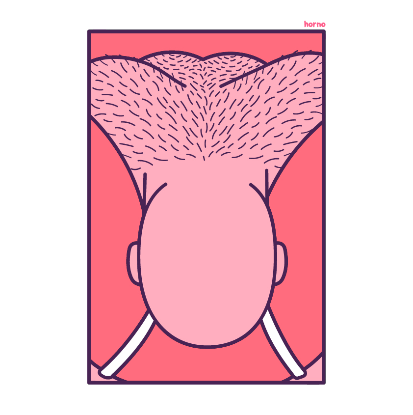 A cartoon illustration of a person's head from behind, showing hair and ears, with the background in shades of pink and red. The word 'horno' appears in the top right corner.