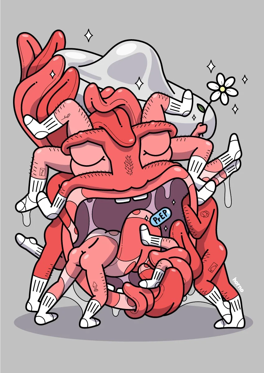 Creative cartoon illustration of various anatomically exaggerated human organs with limbs, some wearing socks, stacked together with a flower, sparkles, and a "PREP" badge, set against a gray background.