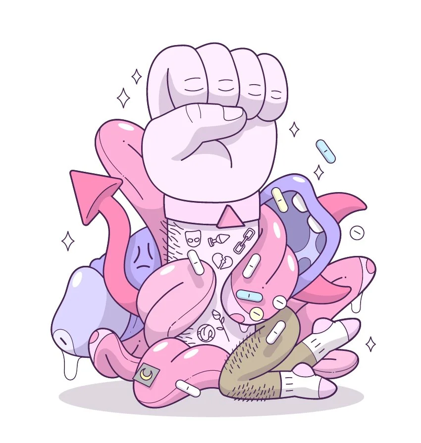 A cartoon illustration of a clenched fist surrounded by various objects including pills, socks, and a snake. The fist is raised, and the objects are intertwined in a colorful, abstract style.