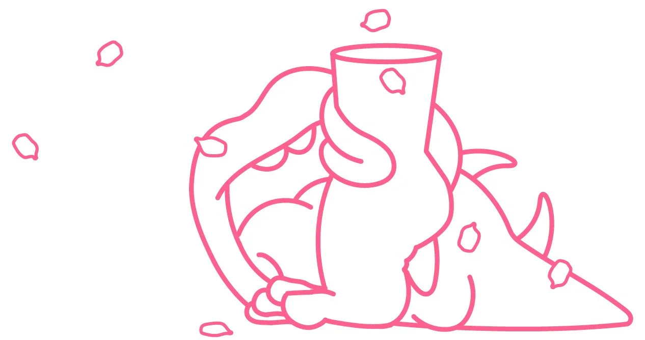 Line drawing of a mouth licking a foot, and a nose smelling it, with falling leaves around it.