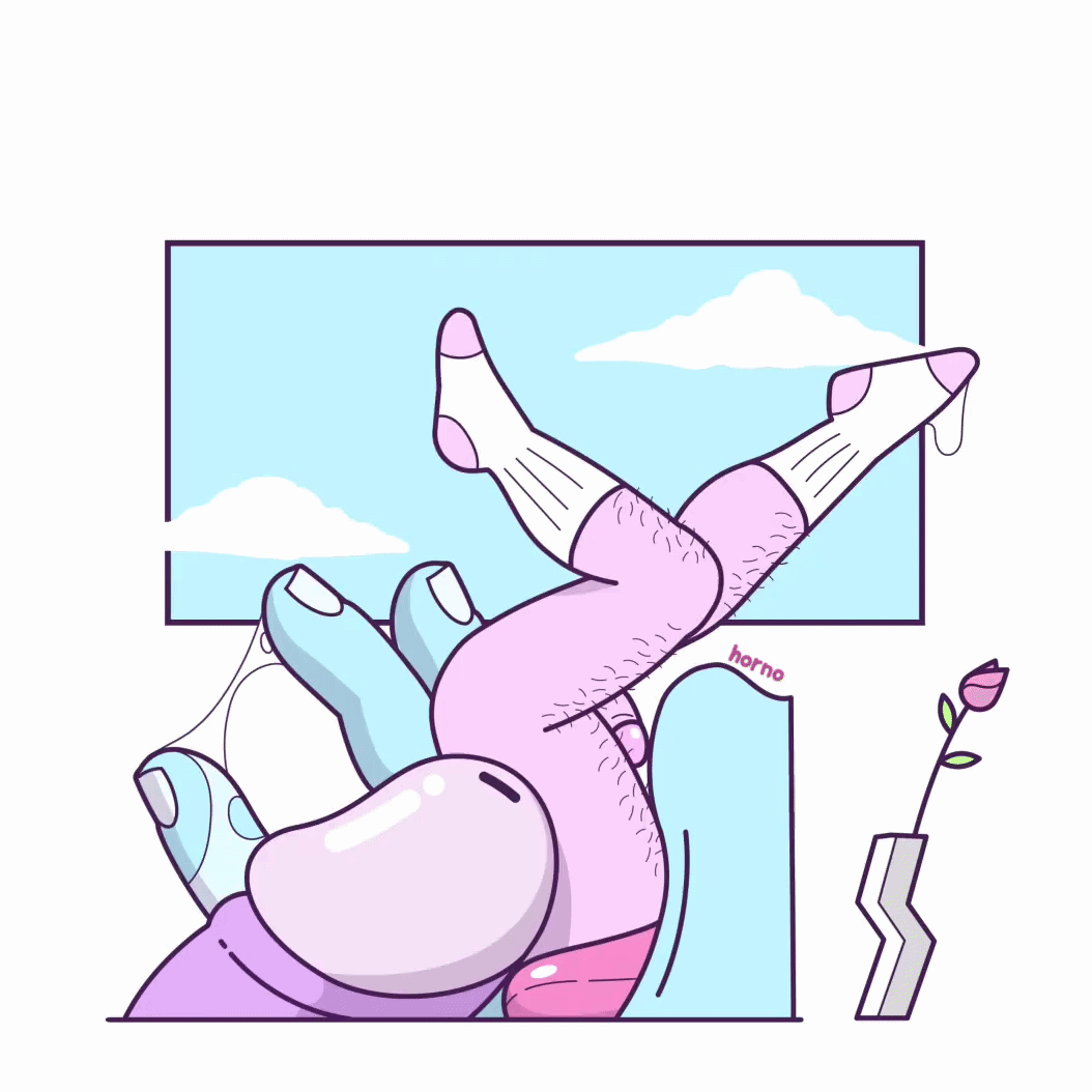 A cartoon illustration of a purple anthropomorphic character relaxing in a bathtub with the legs raised in the air, outside in view through a window showing blue sky and white clouds, with a pink flower in a vase nearby.