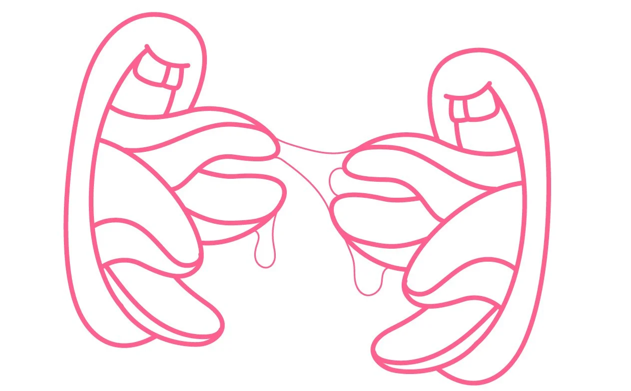 Pink line drawing of two hands with fingers intertwined, with a small amount of dripped liquid between them.