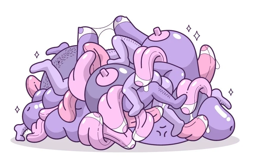 Cartoon pile of purple and pink toys, including plush animals, with some appearing to be in chaos.