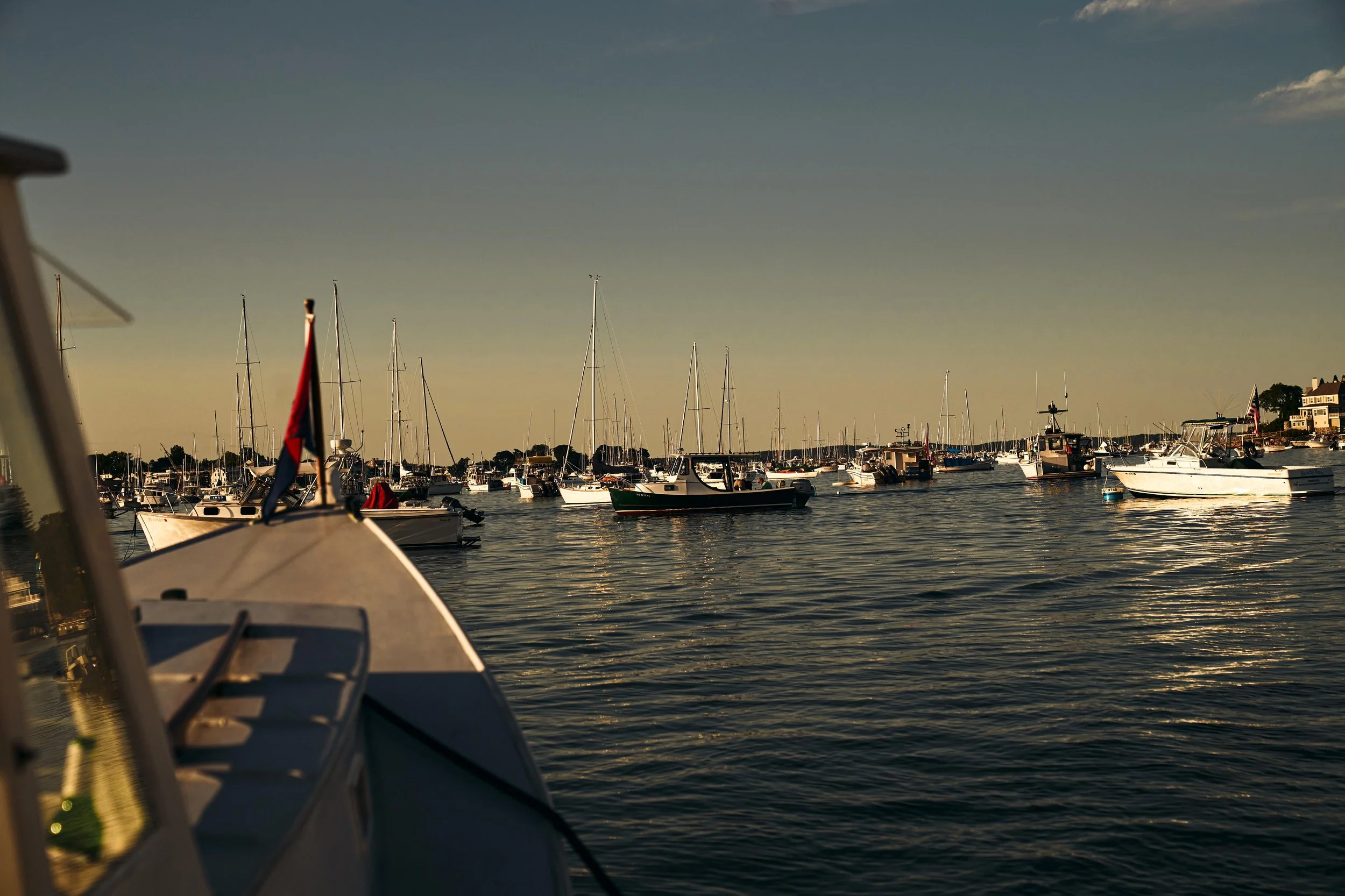 A harbor filled with various boats and yachts floating on the water, with houses and trees in the background during sunset or late afternoon.