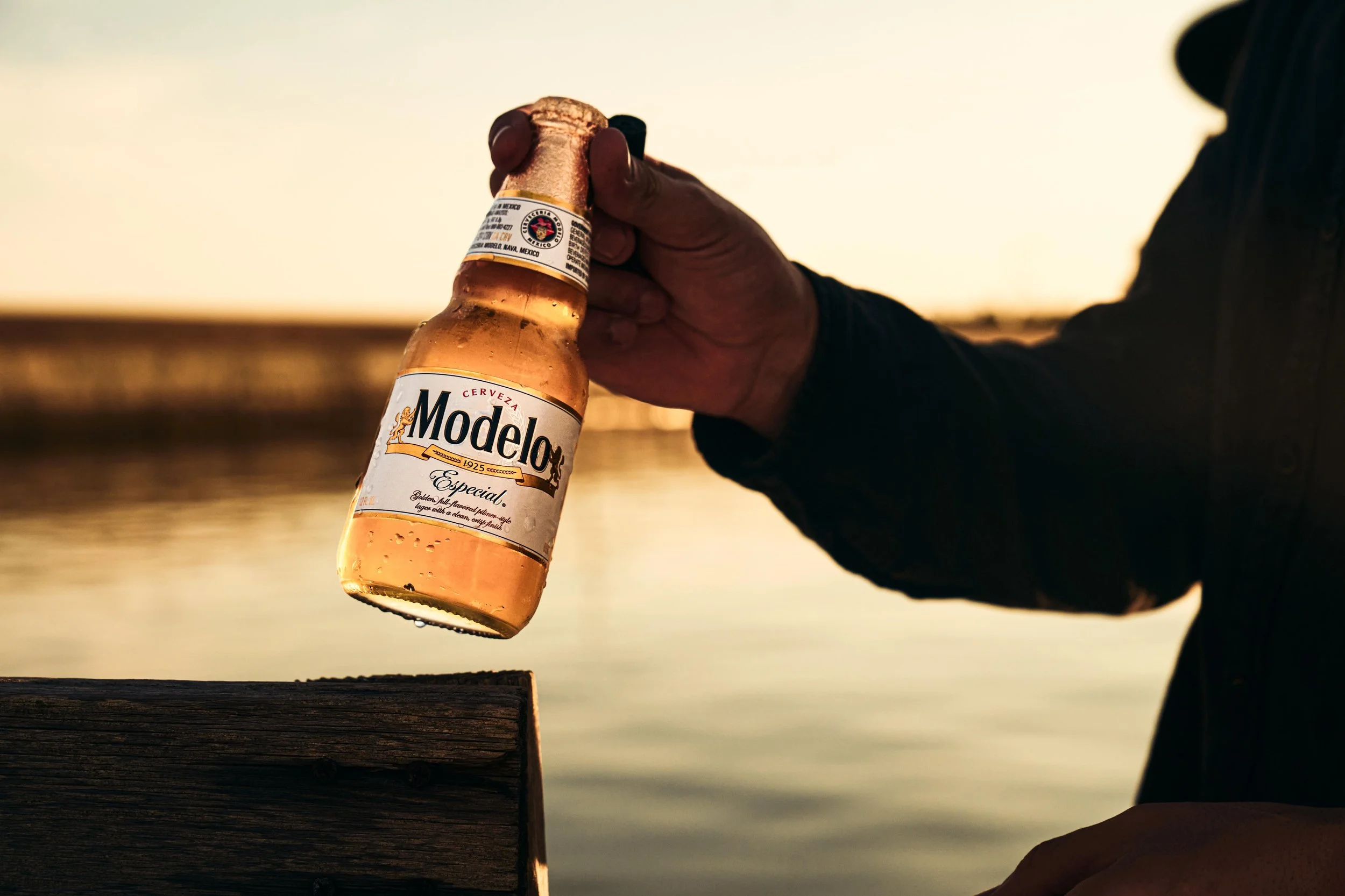 A person holding a bottle of Modelo beer with a sunset and water in the background.