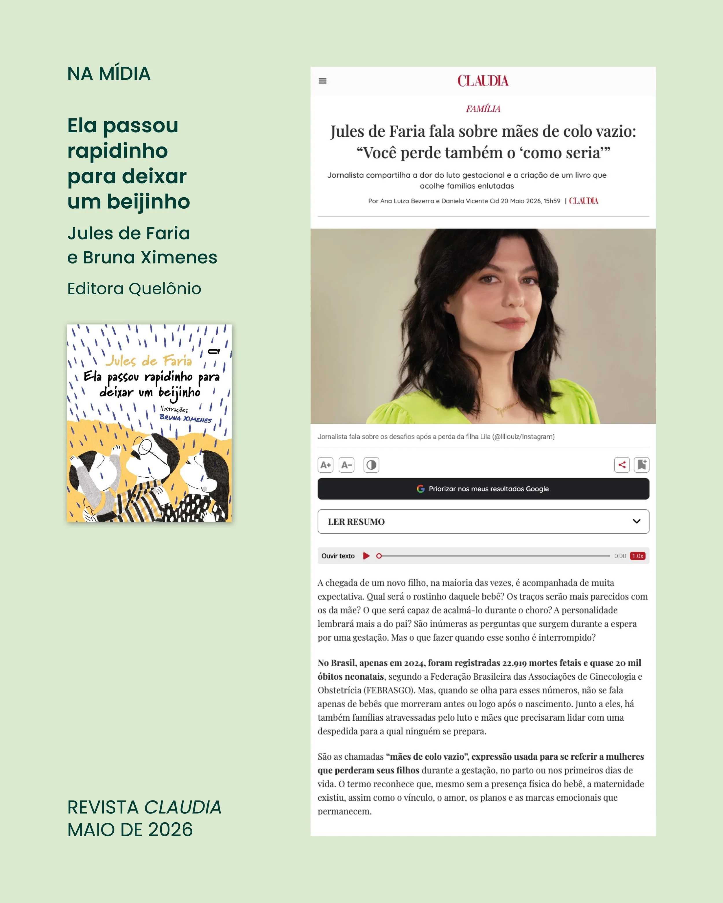 Nossa autora Jules de Faria deu uma entrevista para as jornalistas Ana Luiza Bezerra e Daniela Vicente Cid, da @claudiaonline, sobre o livro "Ela passou rapidinho para deixar um beijinho".

Com ilustra&ccedil;&otilde;es de Bruna Ximenes, ed