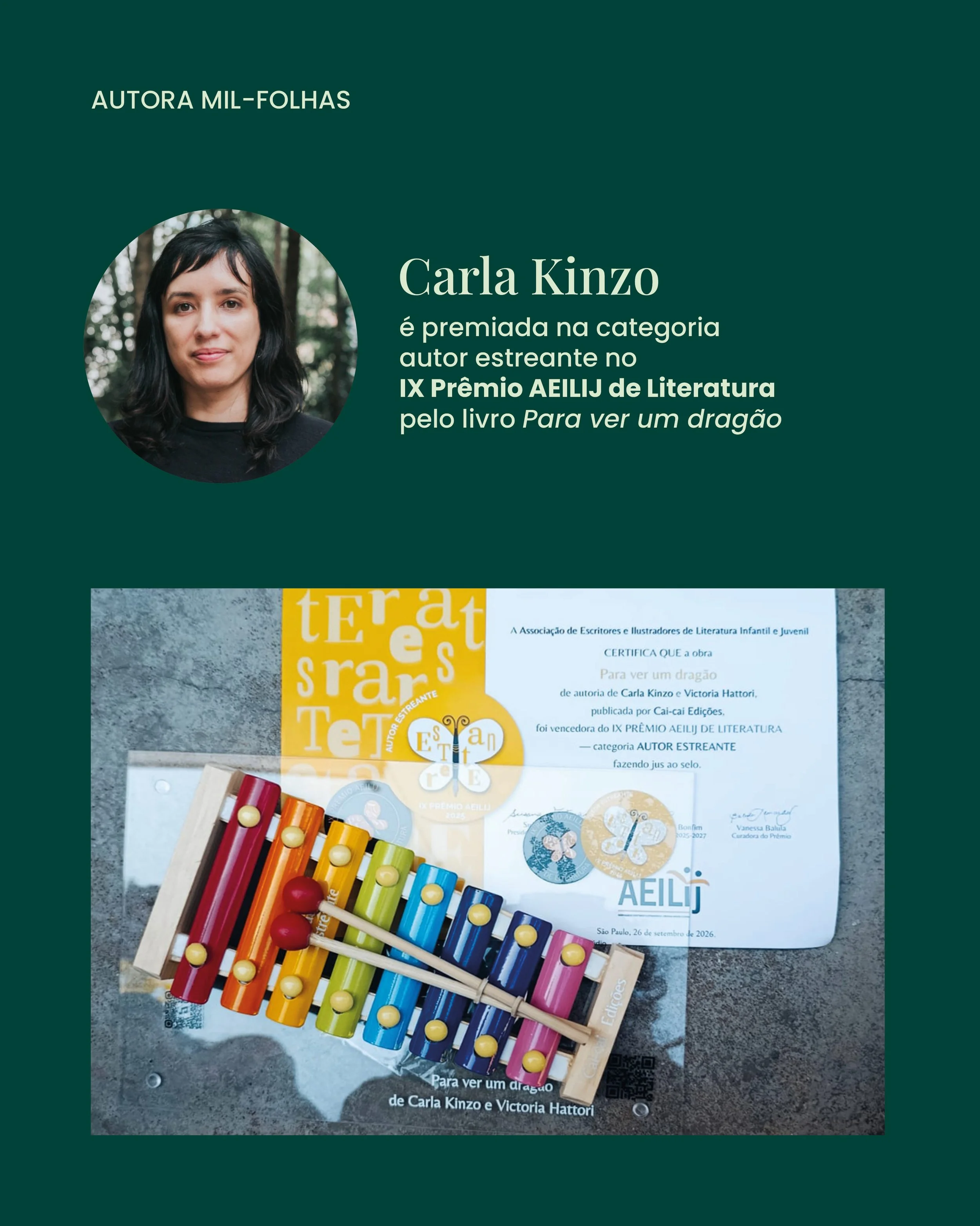 Nossa autora Carla Kinzo foi a vencedora do IX Pr&ecirc;mio AEILIJ de Literatura na categoria "Autor estreante" com o bel&iacute;ssimo "Para ver um drag&atilde;o".

Ilustrado por @vicoki_ e publicado pela @editora_caicai.

"P