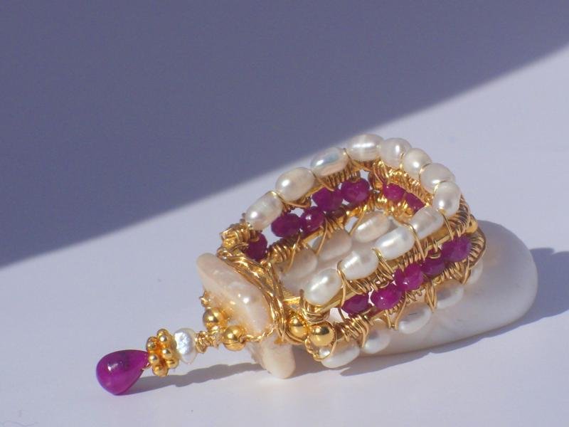 Priya Wrapped wire, natural rubies, gold beads, freshwater pearls