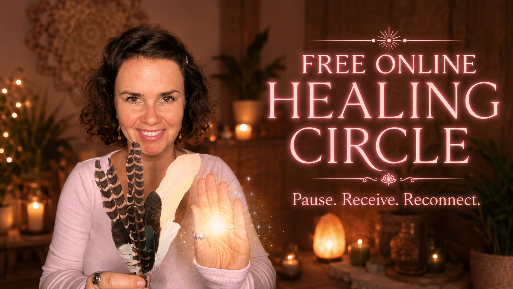 Julia holding healing feathers and offering Reiki energy for a free online healing circle