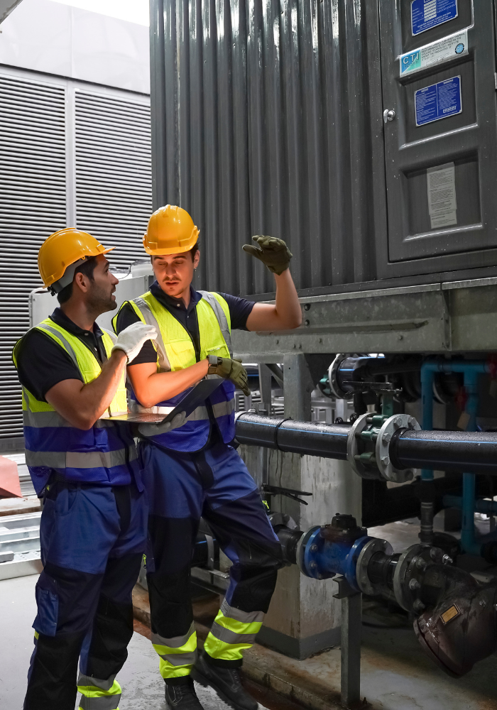 Two workers wearing yellow hard hats, safety vests, and work uniforms inspect industrial piping system in a factory or plant.