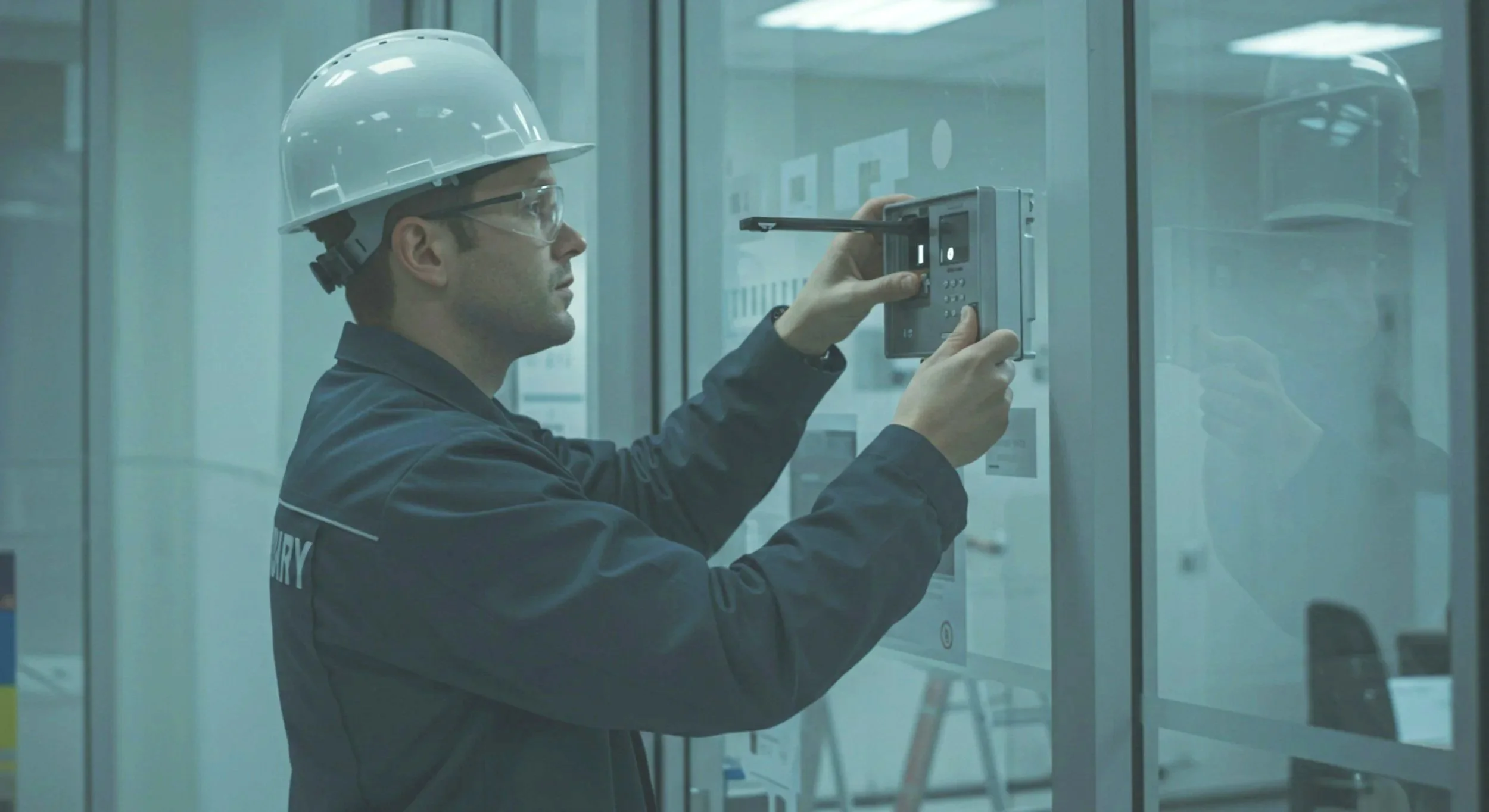 A technician in a hard hat and safety glasses working on an electrical panel in a laboratory or industrial setting.