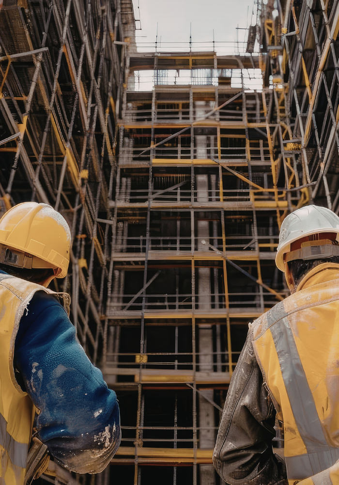 Two construction workers wearing yellow vests and hard hats look at a scaffolded building under construction.