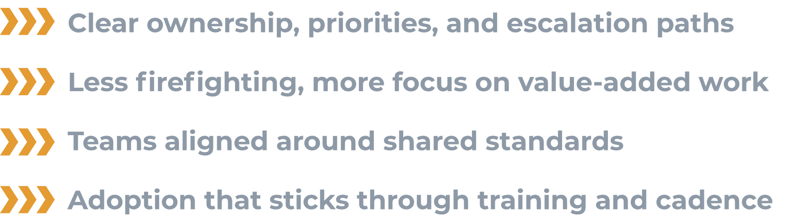 Bullet points with arrows highlighting key ideas about organizational strategy, including clear ownership, prioritization, and shared standards.