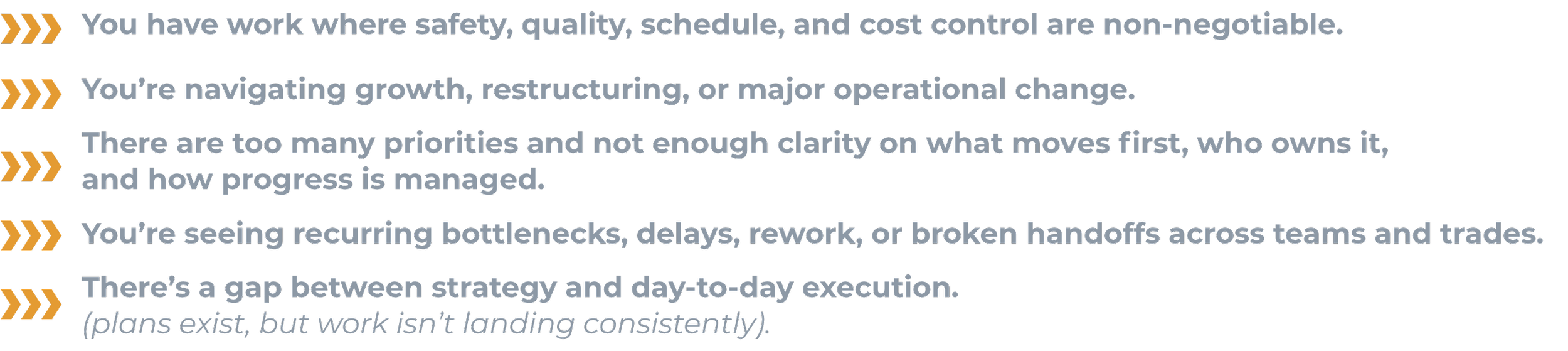 A black background with yellow arrows and white text highlighting challenges in business strategy and operational management.