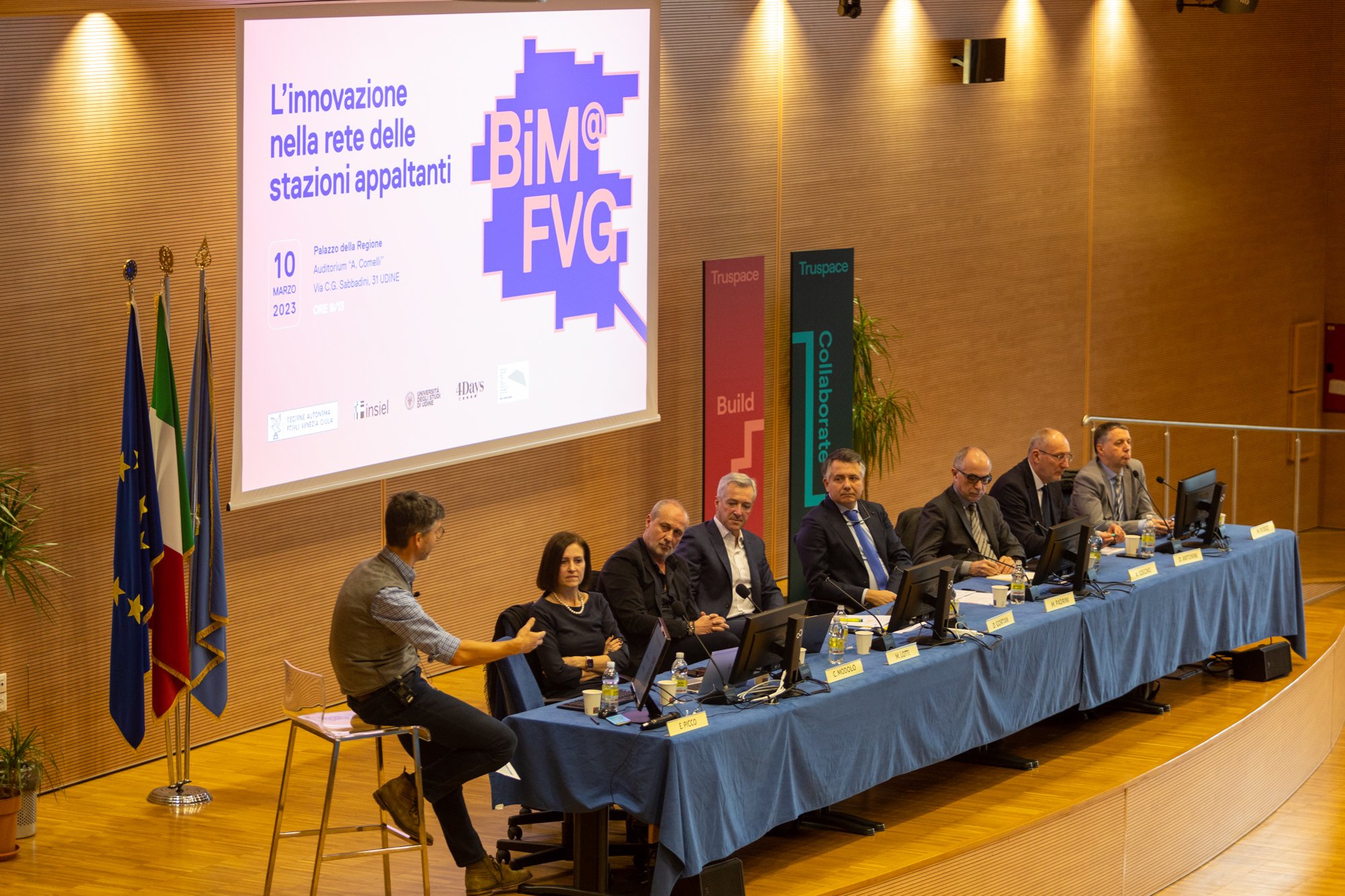  Seminar BIM@FVG | From left: Ennio Picco (Technical Director Cimolai), Cristina Modolo (Director Public Works and Technical Construction Service FVG Region), Marco Lotti (AD 4Days), Daniele Gortan (Director ComPA FVG), Marco Padrini (Director Ce