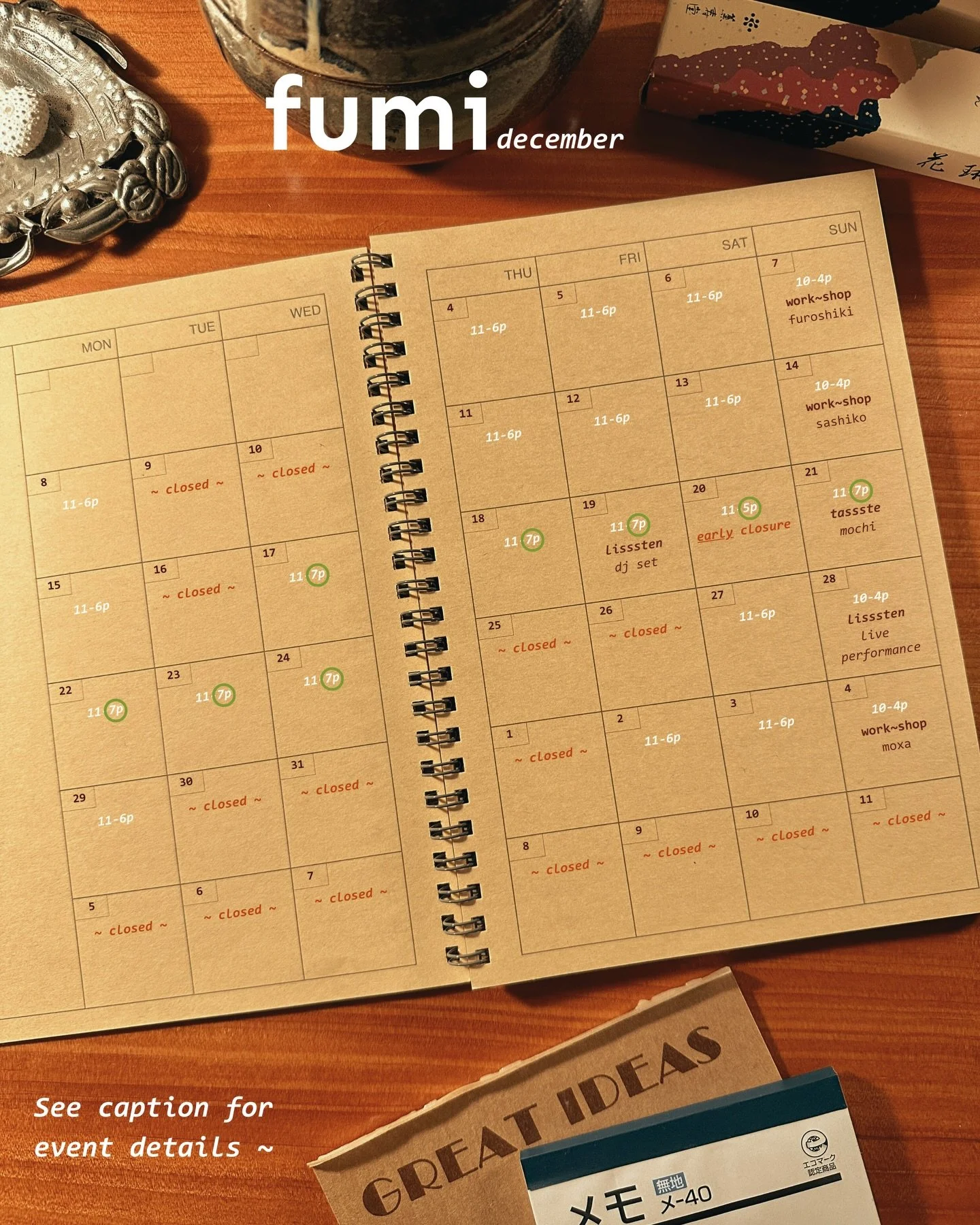 We have an exciting lineup of events coming up in the shop and extended holiday hours ✨ See details below for ticket releases and more: 

Sun 12/14 4:30-6:30 ~ Sashiko Mending 𝔀𝓸𝓻𝓴~𝓼𝓱𝓸𝓹 w/ @maiidepdx 
*SOLD OUT* Thank you!

12/17-12/24 ~ Fumi