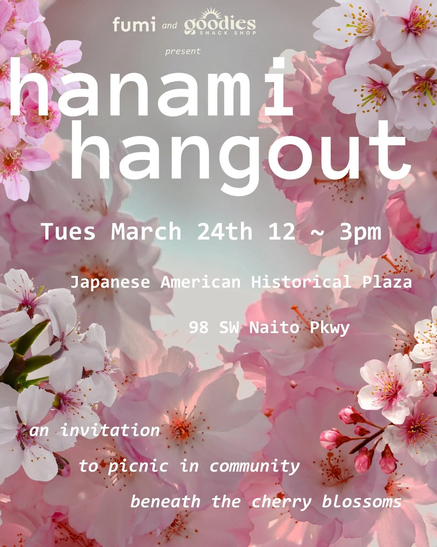 Sakura (cherry blossom) season is making its way through the city and we want to celebrate! @fumiishome and @goodiessnackshop invite you to 🌸 Hanami Hangout 🌸 Tuesday, March 24th (12-3p) at the Japanese American Historical Plaza. Hanami is the Japa