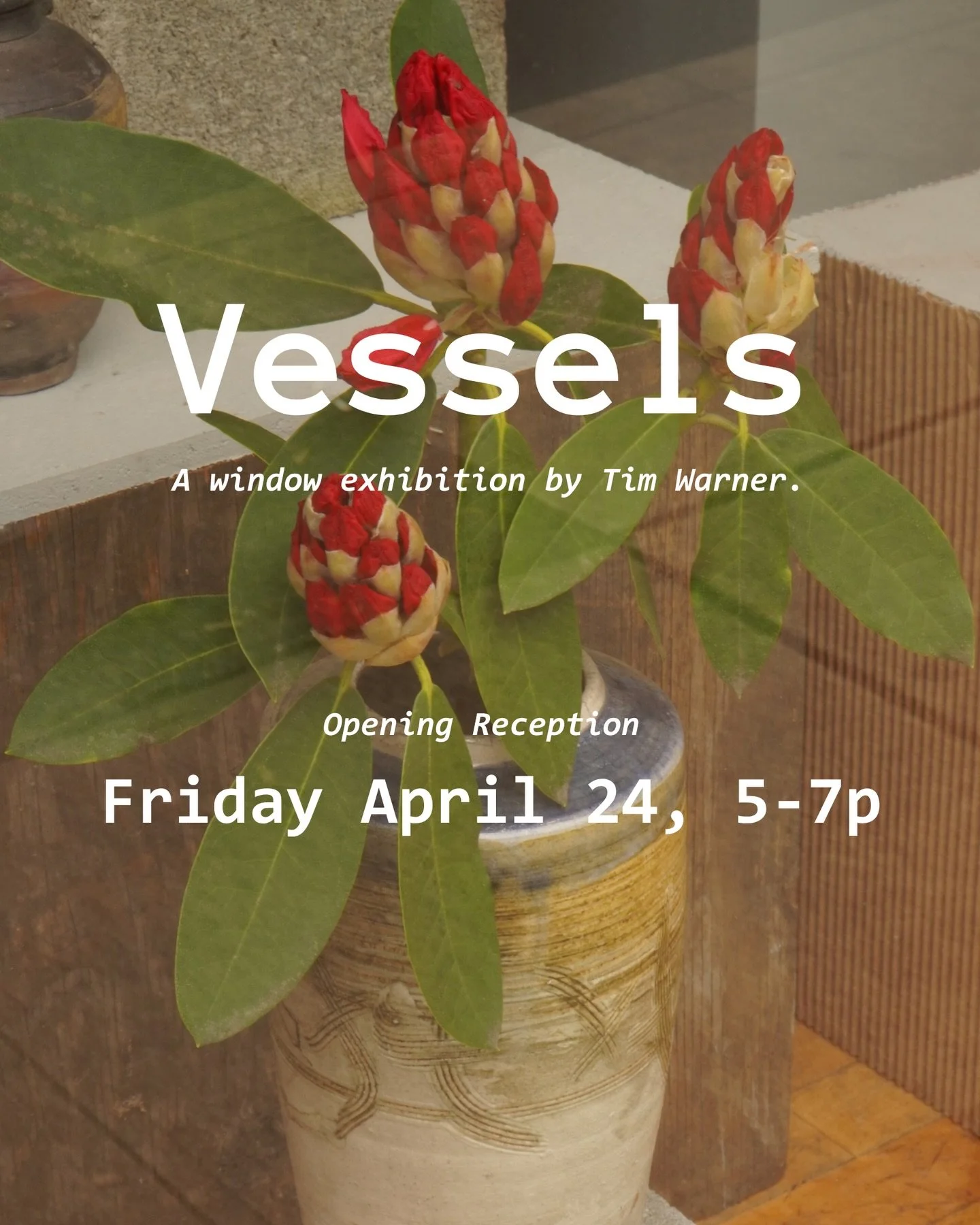 Our first window exhibition is up! We welcome you to &ldquo;Vessels&rdquo; featuring ceramic urns and vases by our neighbor and friend, Tim Warner. Please join us THIS Friday 4/24 5-7p for the opening reception. We will be offing wine, seltzer, and t