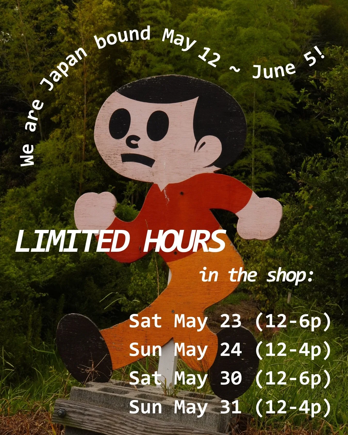 We are headed to Japan and will have limited hours between May 12 - June 5. This trip will be focused on sourcing for the shop, teaching incense classes, and spending time with friends and family. 

Our gurl Amy will be covering the shop on the follo