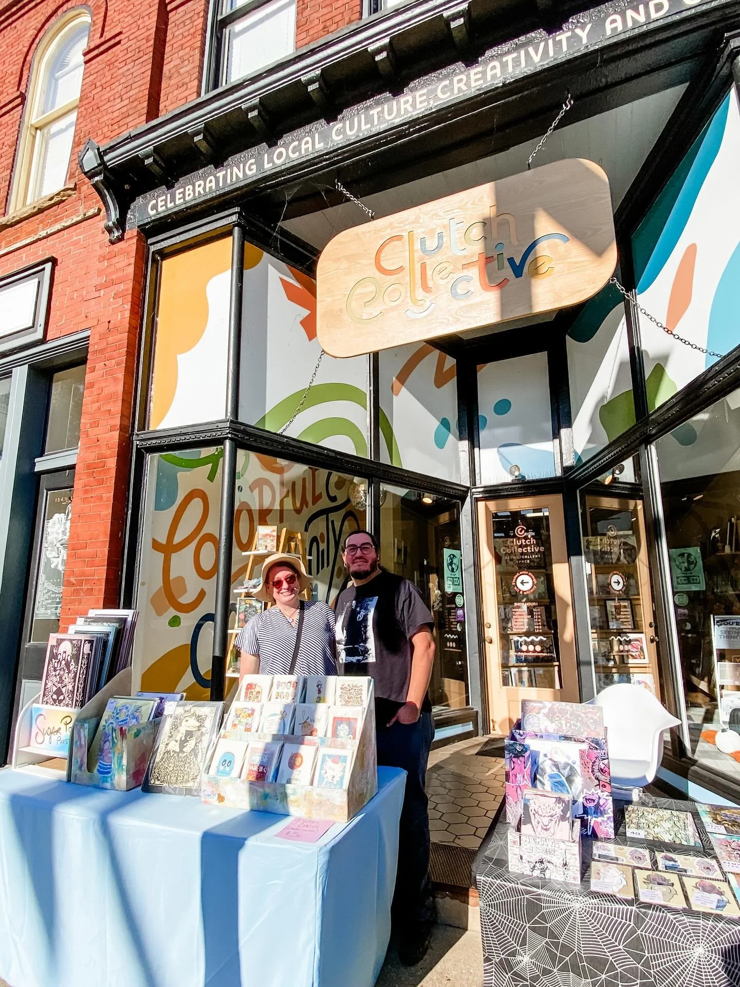 🙌 We are so happy to be hosting Leslie Norris of @sugarpoppress and Mateo Fuentes of @art.monsters.printmaking tonight for First Friday! Leslie and Mateo are set up in front of the shop until 9:00 pm with their bold and unique prints, printed by han