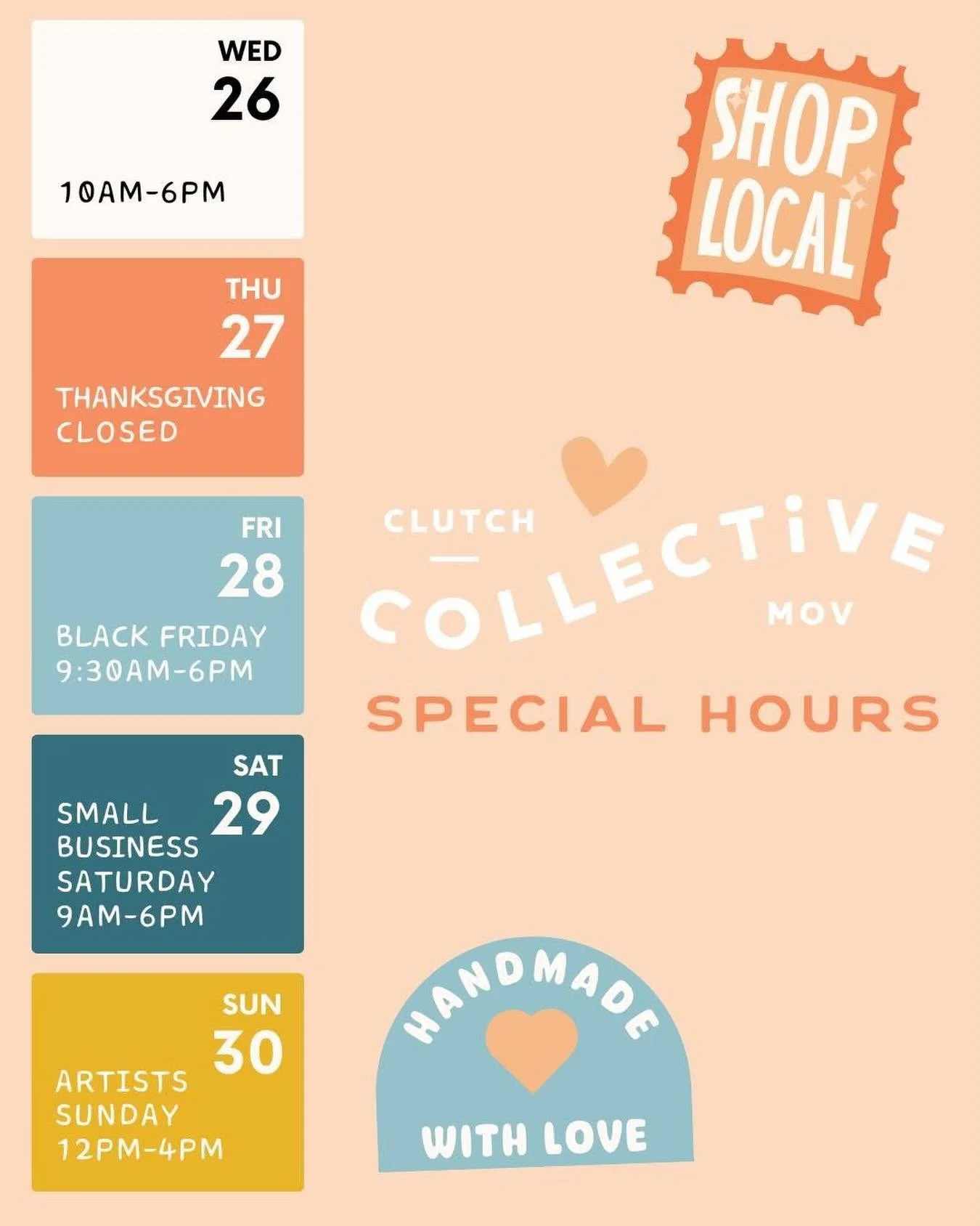 We have special hours this week! 🙌 We&rsquo;ll be closed on Thanksgiving to be with family, with extended hours for Black Friday and Small Business Saturday. The shop will be in full holiday spirit, we&rsquo;d love to see you this weekend! 🥰