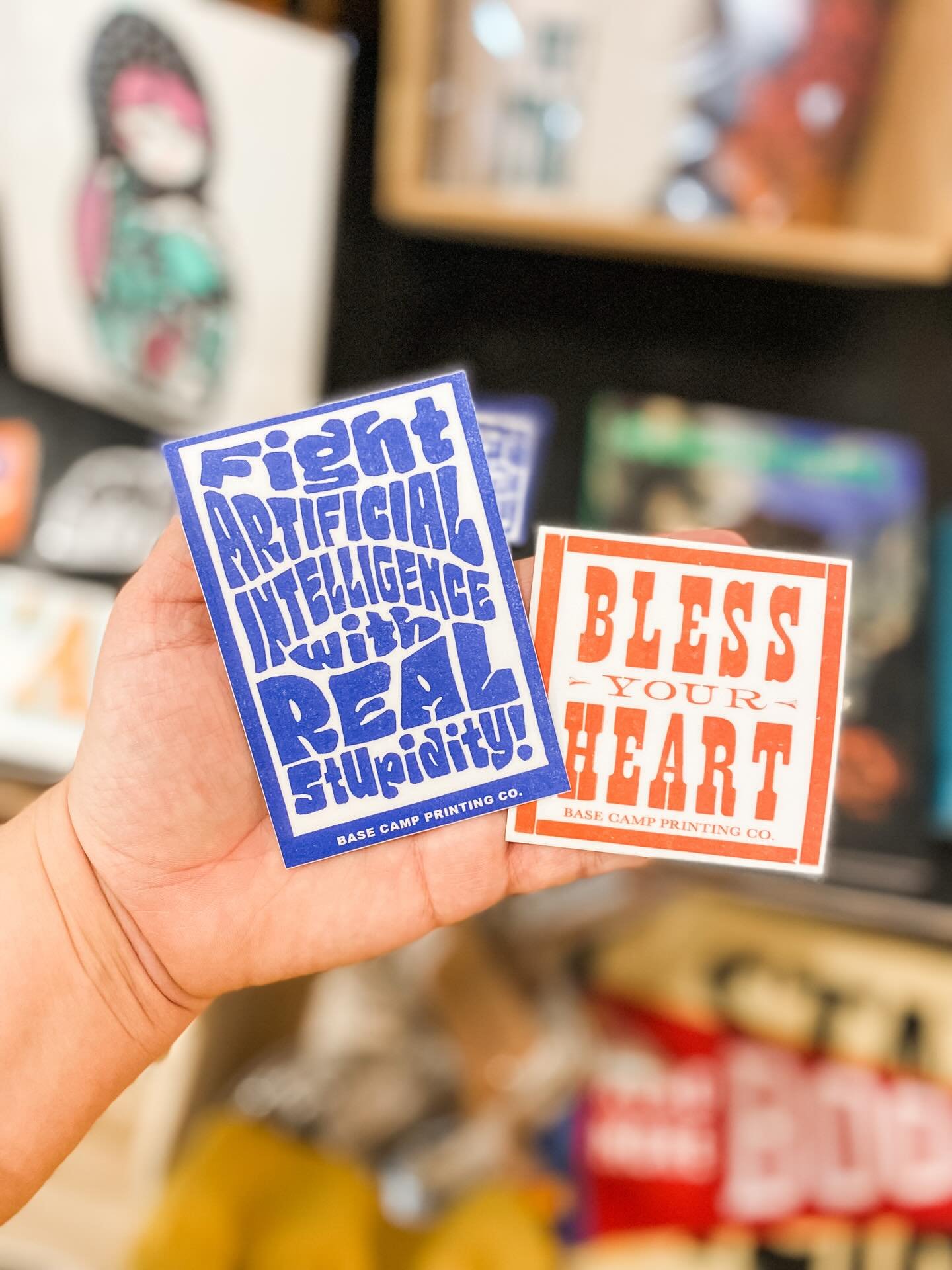 New stickers and prints arrived from our friends at @basecampprinting! 🙌 Open 10-6 for all your art print &amp; sticker needs.